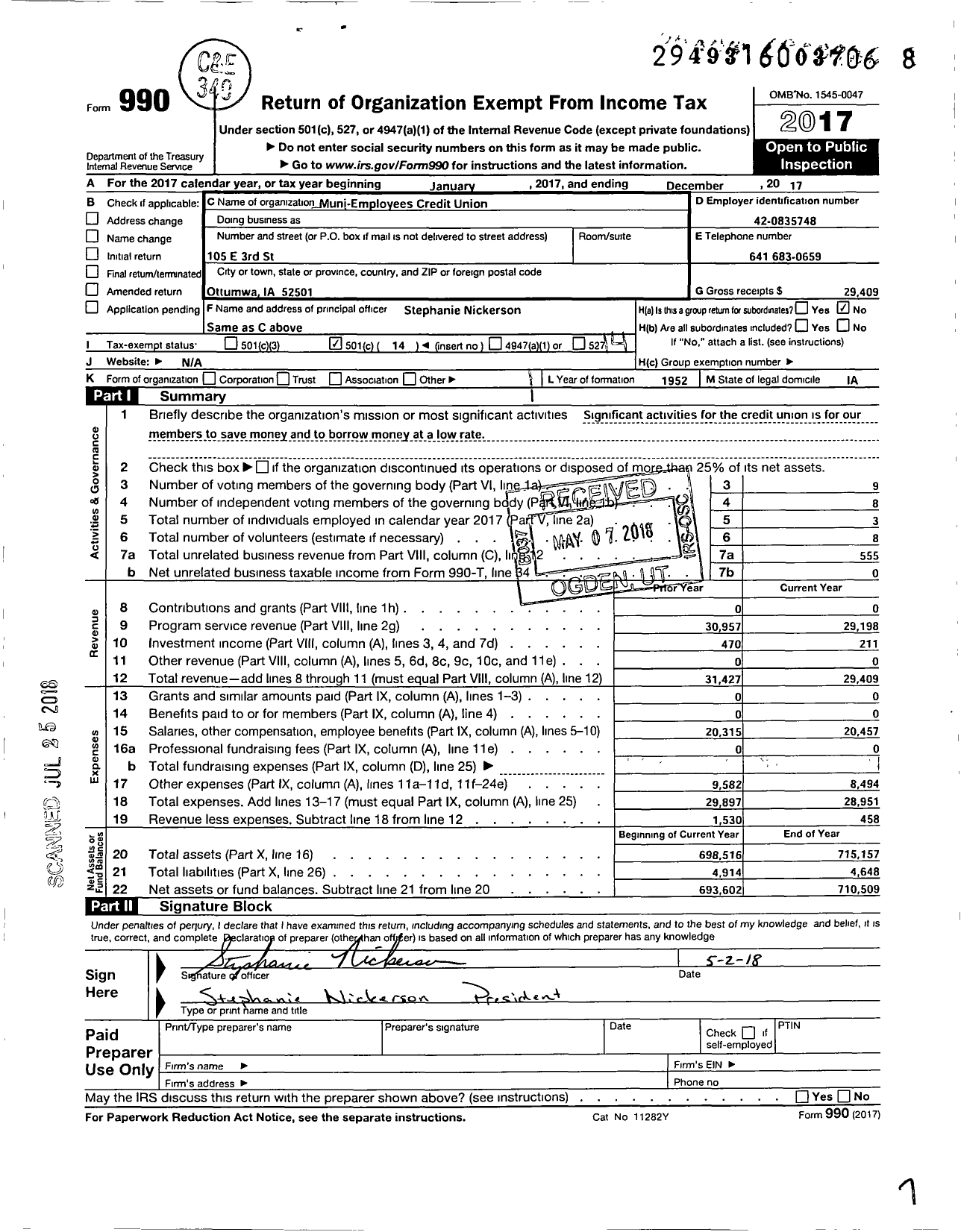 Image of first page of 2017 Form 990O for Muni Employees Credit Union