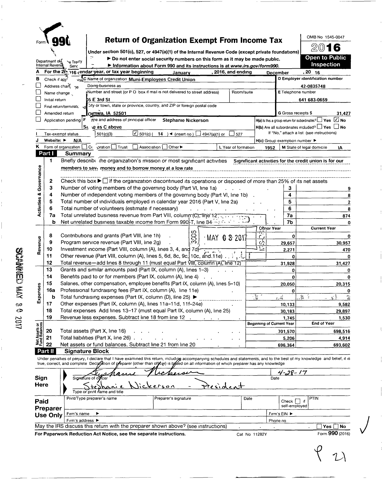 Image of first page of 2016 Form 990O for Muni Employees Credit Union