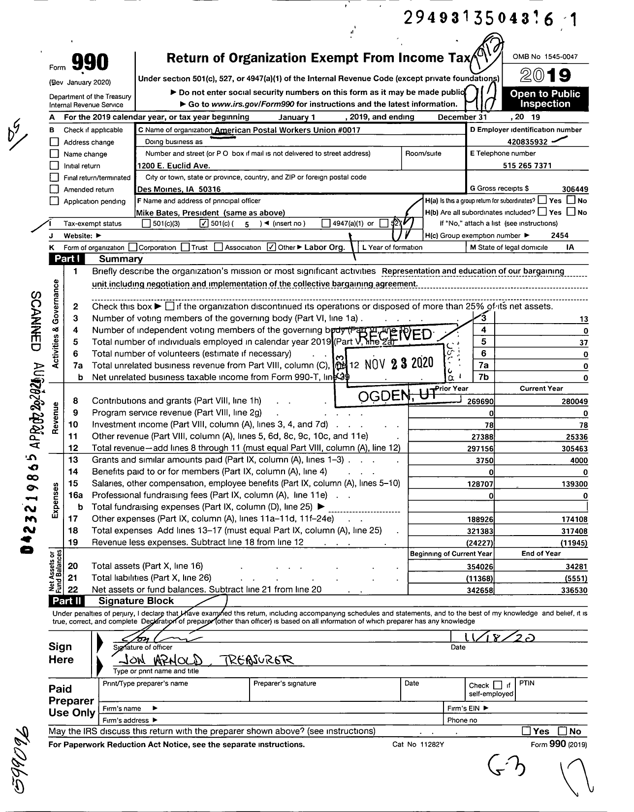 Image of first page of 2019 Form 990O for American Postal Workers Union - 44 Des Moines Area Local