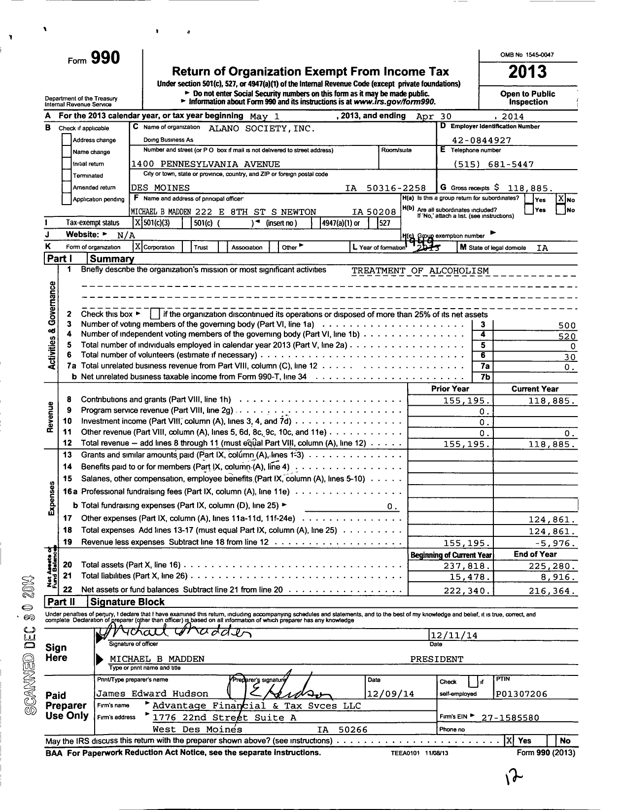 Image of first page of 2013 Form 990 for The Alano Society