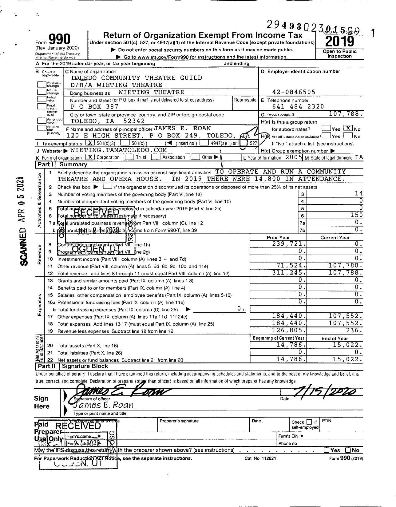 Image of first page of 2019 Form 990 for Wieting Theatre