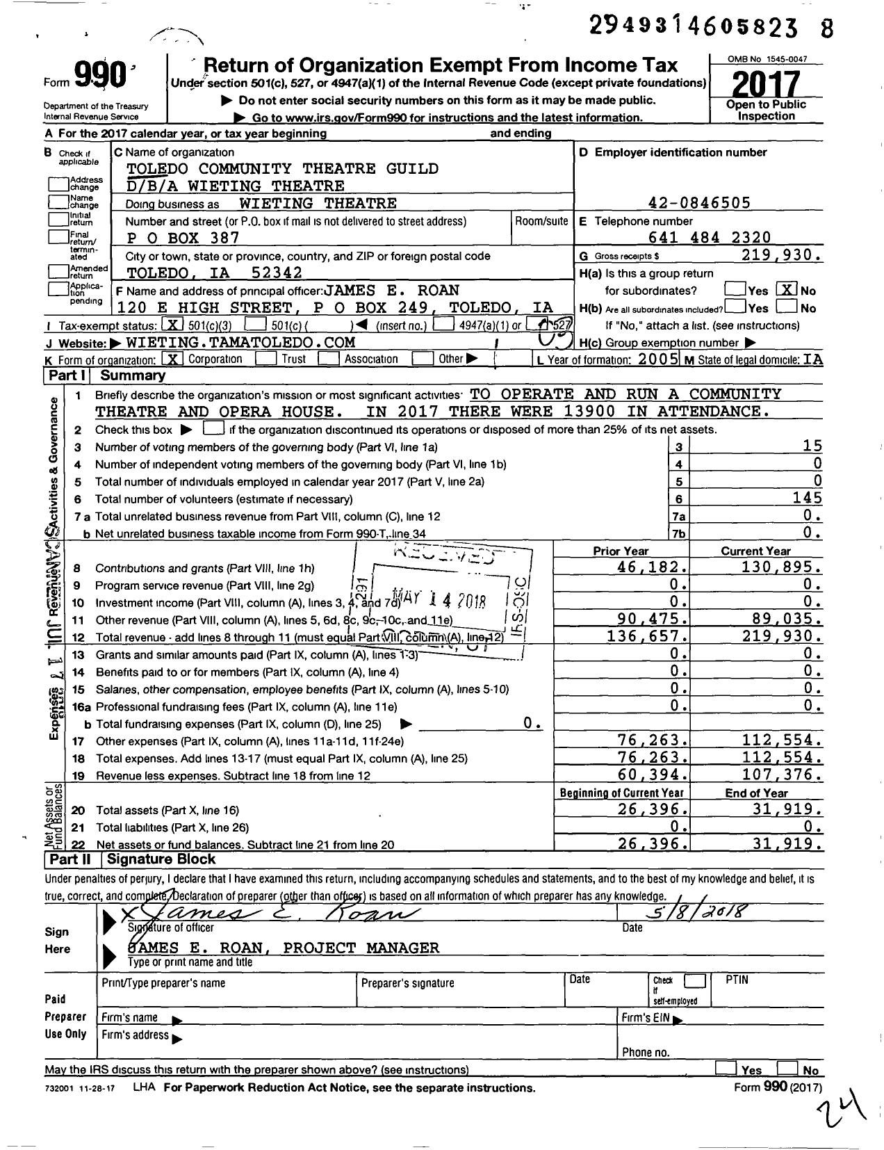 Image of first page of 2017 Form 990 for Wieting Theatre