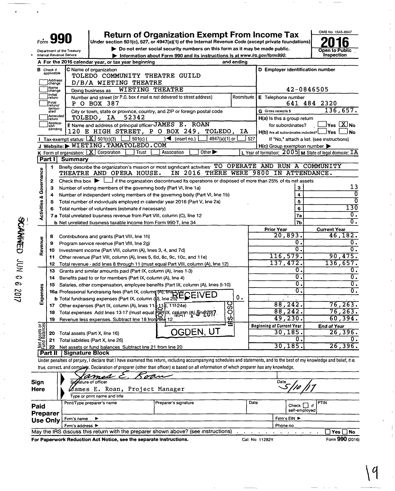 Image of first page of 2016 Form 990 for Wieting Theatre