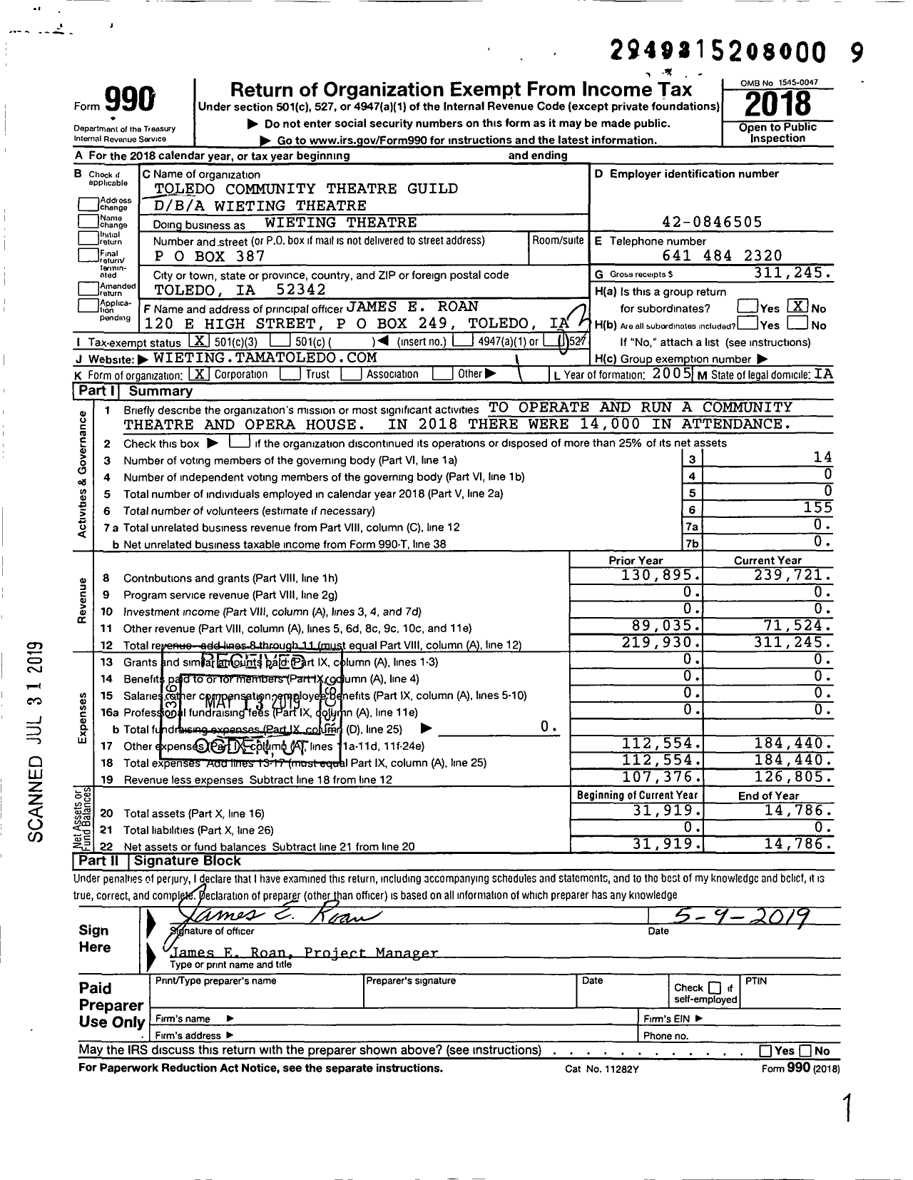 Image of first page of 2018 Form 990 for Wieting Theatre