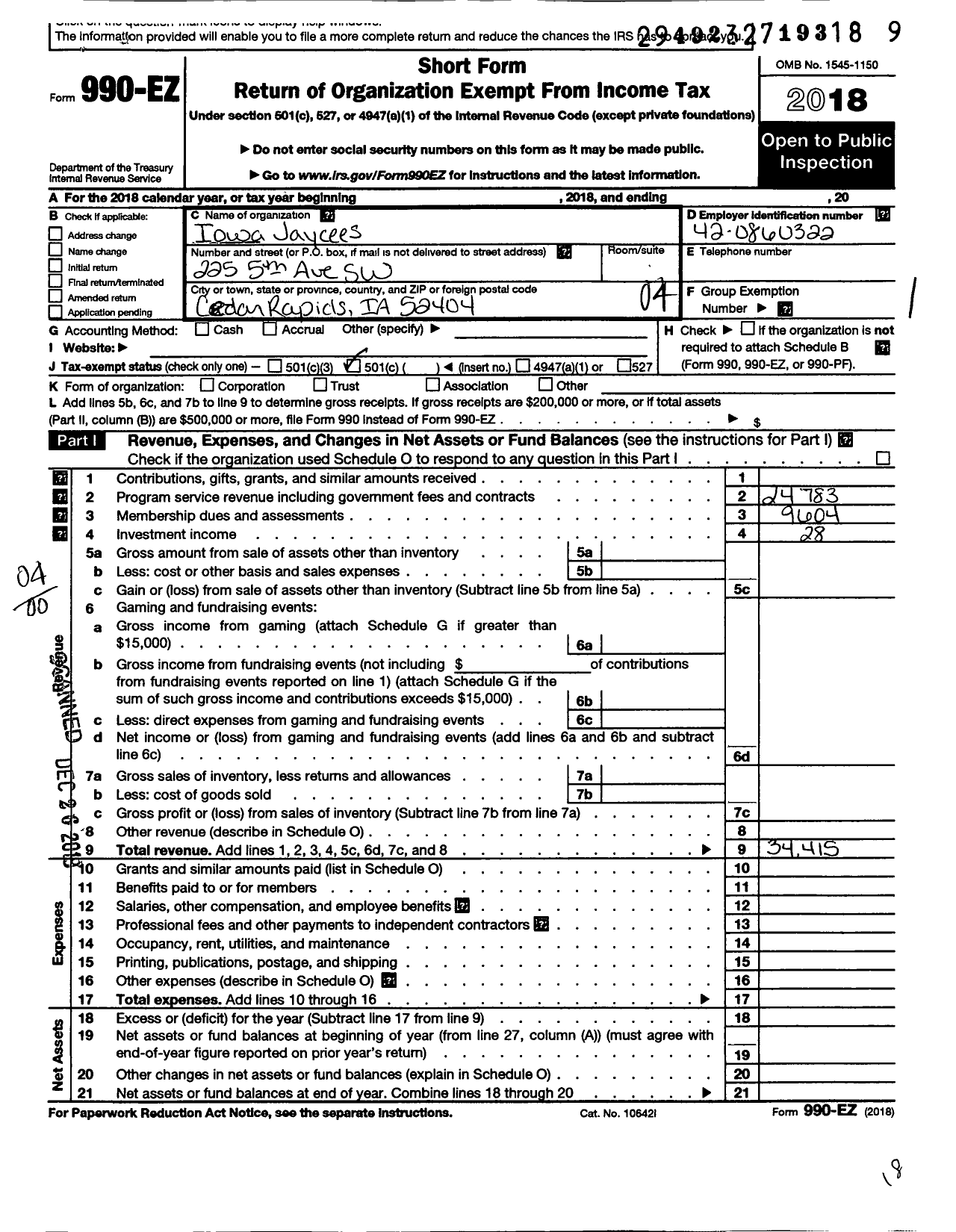 Image of first page of 2018 Form 990EO for Iowa Jaycees