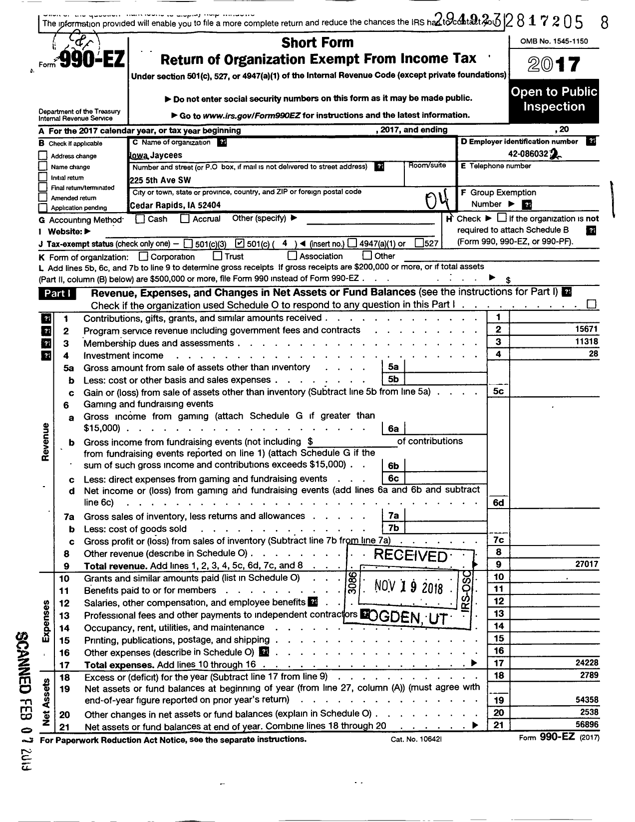 Image of first page of 2017 Form 990EO for Iowa Jaycees