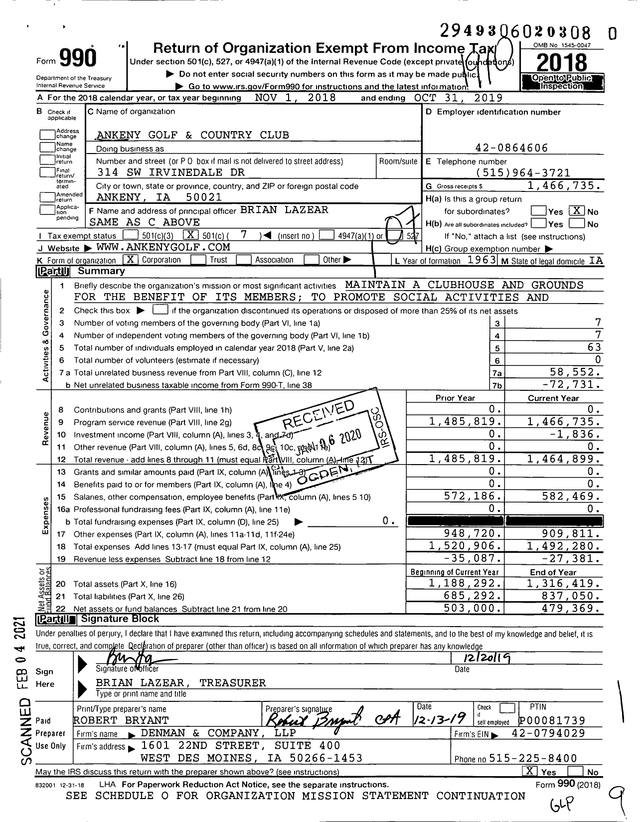 Image of first page of 2018 Form 990O for Ankeny Golf and Country Club