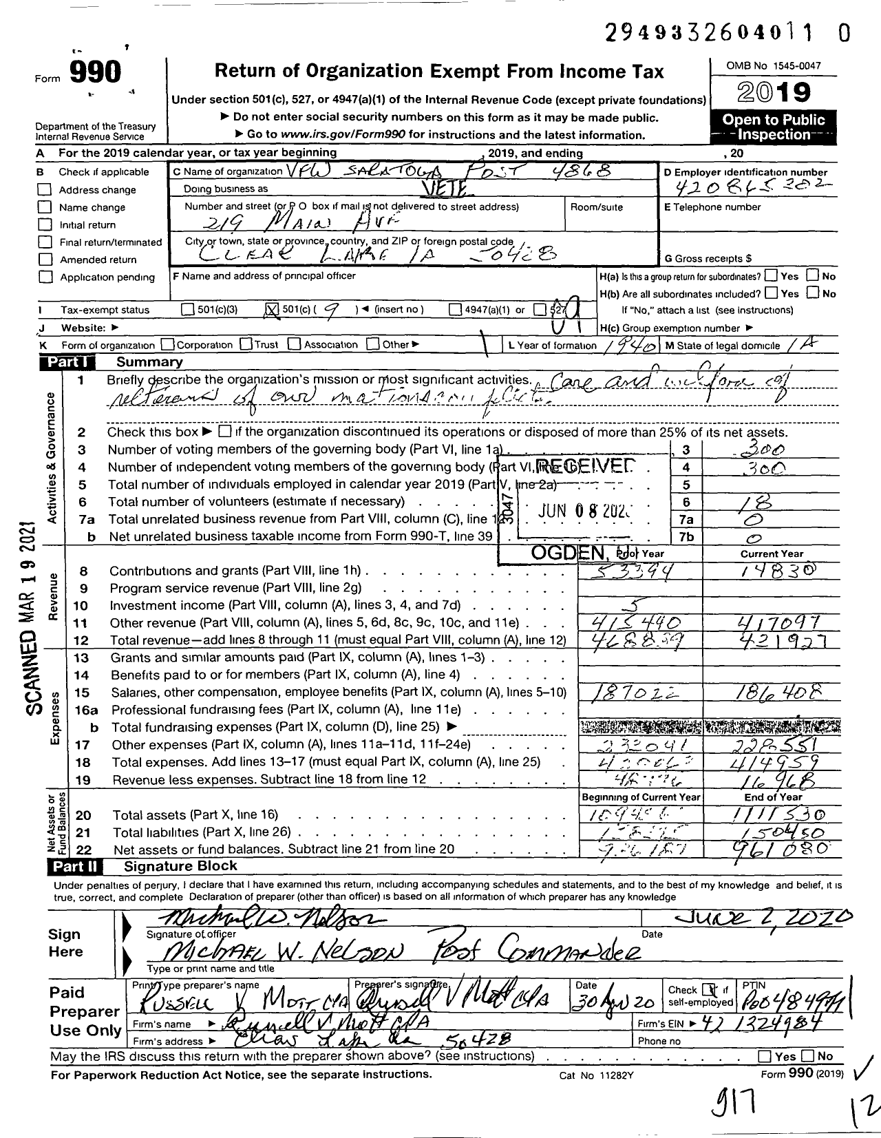 Image of first page of 2019 Form 990O for Veterans of Foreign Wars of the United States Dept of Iowa - 4868 Vfw-Iowa Saratoga