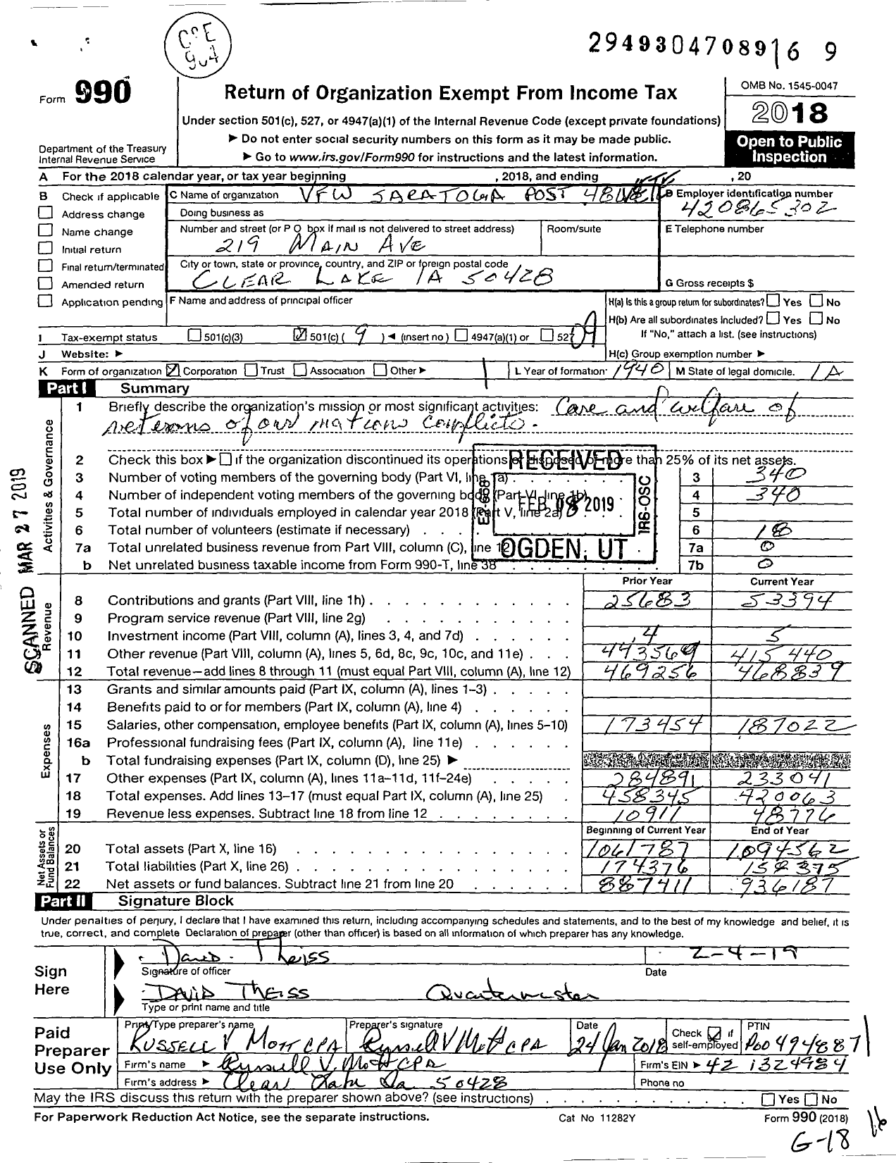 Image of first page of 2018 Form 990O for Veterans of Foreign Wars of the United States Dept of Iowa - 4868 Vfw-Iowa Saratoga