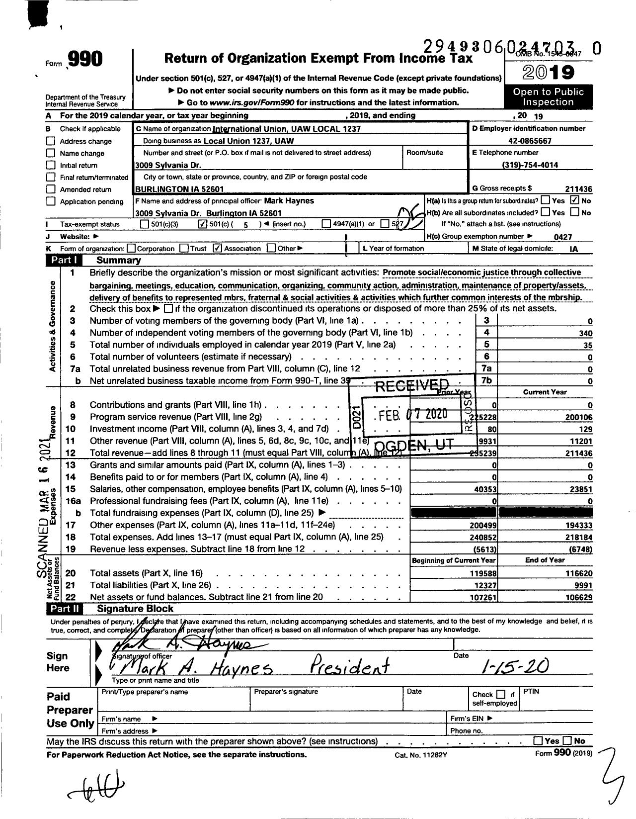 Image of first page of 2019 Form 990O for UAW - International Union UAW Local 1237