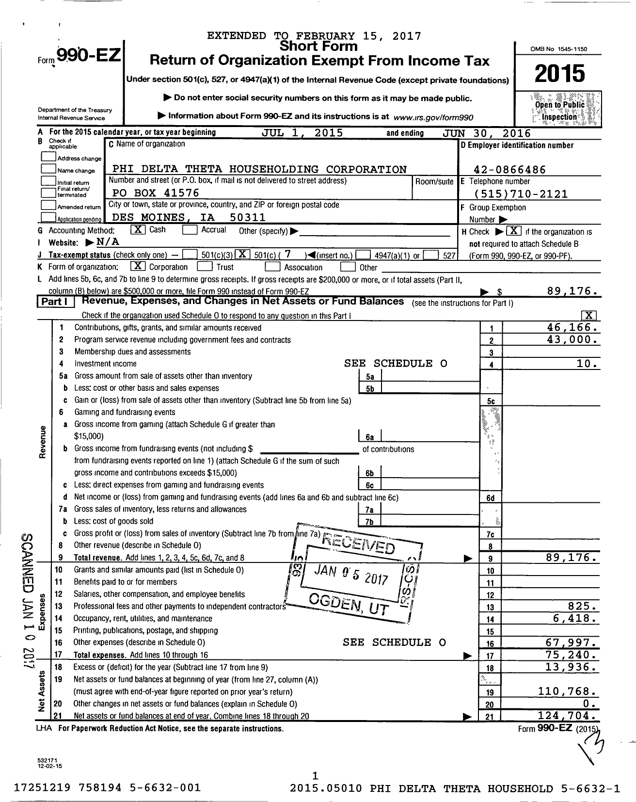 Image of first page of 2015 Form 990EO for Phi Delta Theta Fraternity - Iowa Delta Chapter