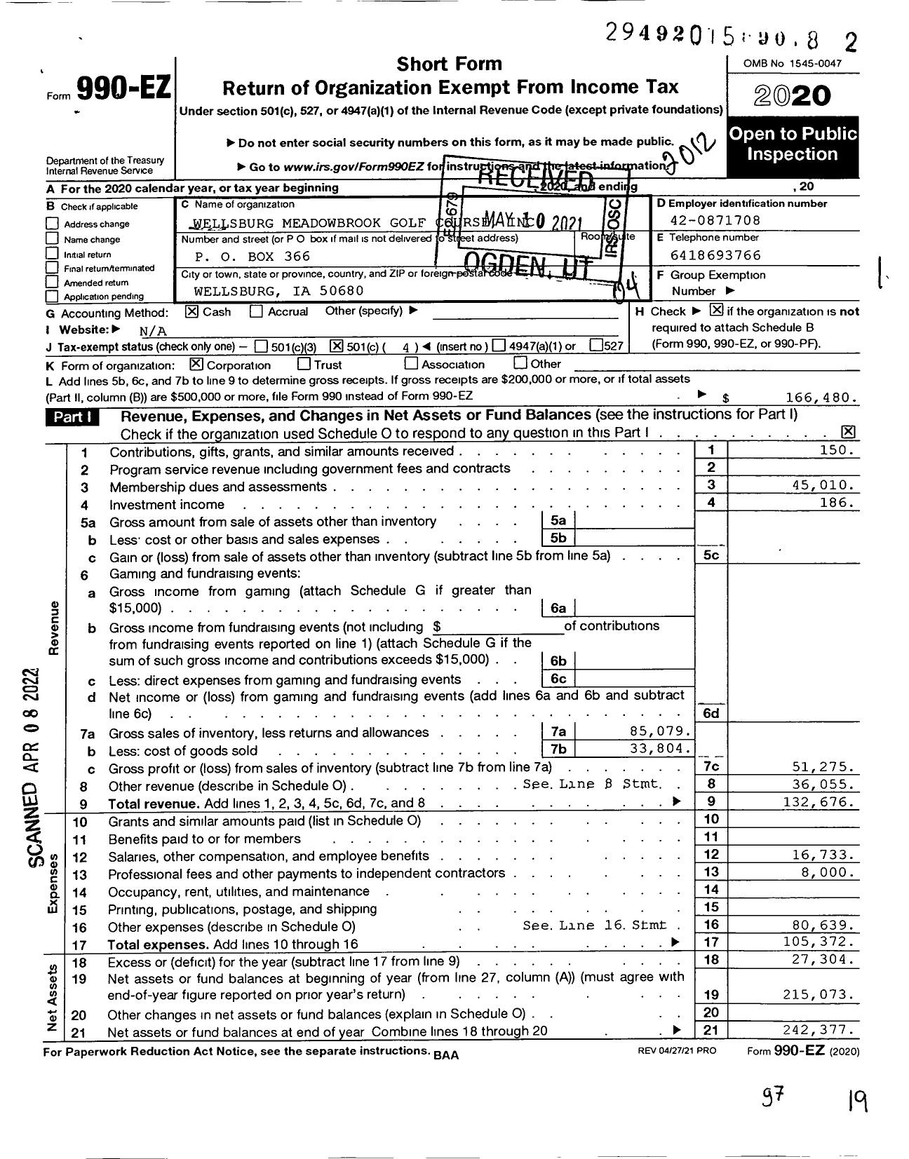 Image of first page of 2020 Form 990EO for Wellsburg Meadowbrook Golf Course