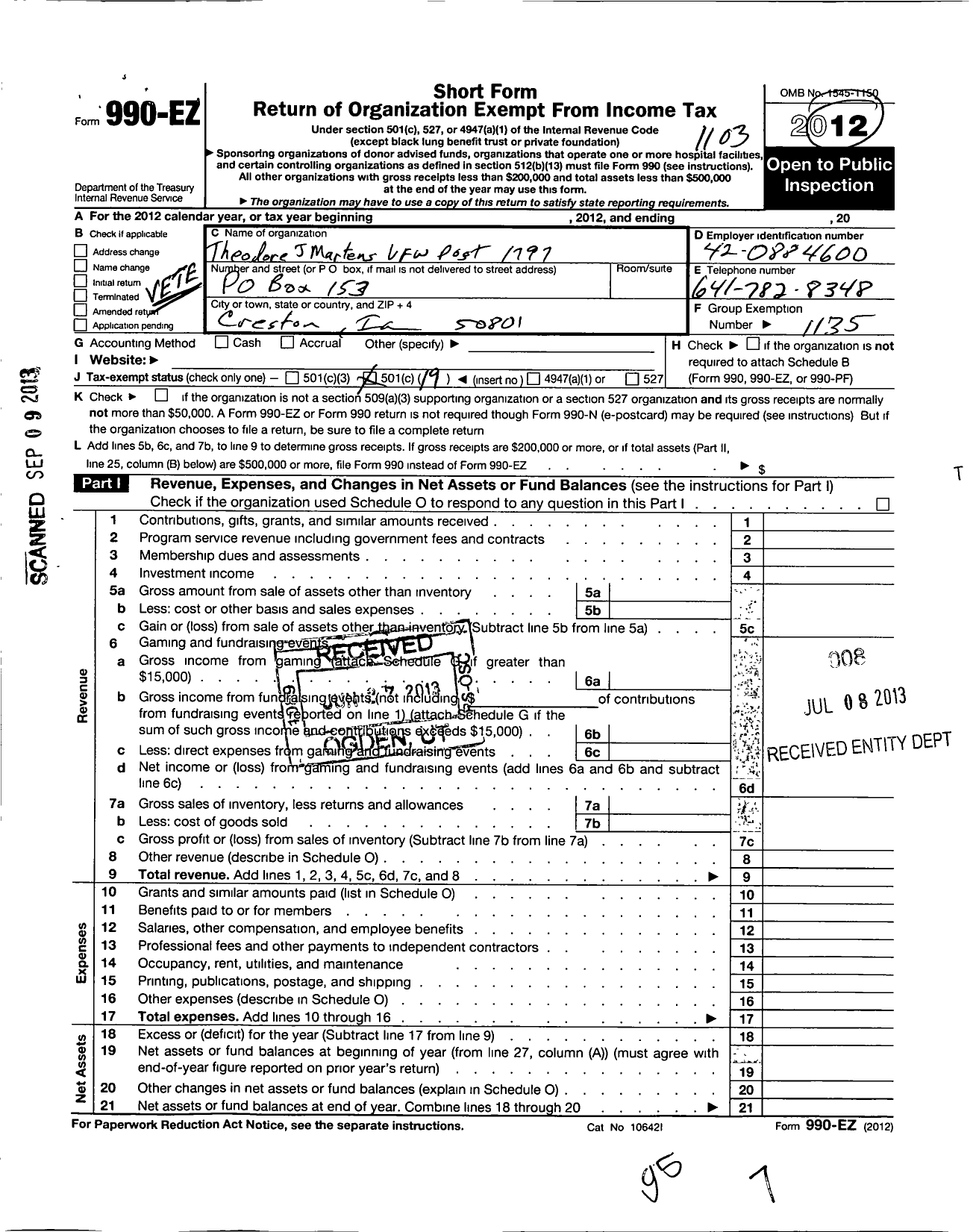 Image of first page of 2010 Form 990EO for Veterans of Foreign Wars of the United States Dept of Iowa - 1797 Vfw-Iowa Theodore J Martens