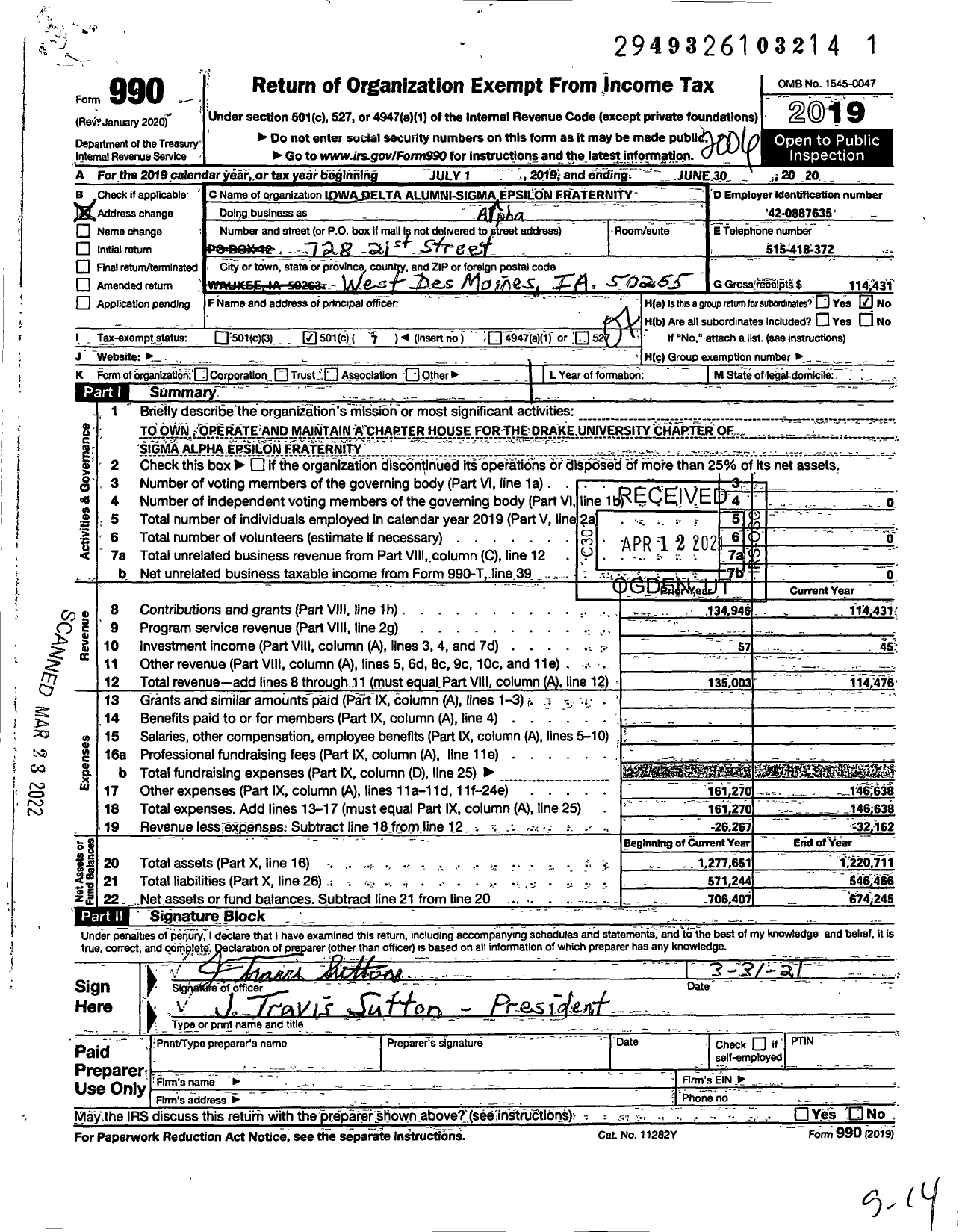 Image of first page of 2019 Form 990O for Sigma Alpha Epsilon Fraternity - Iowa Delta Alumni Corporation