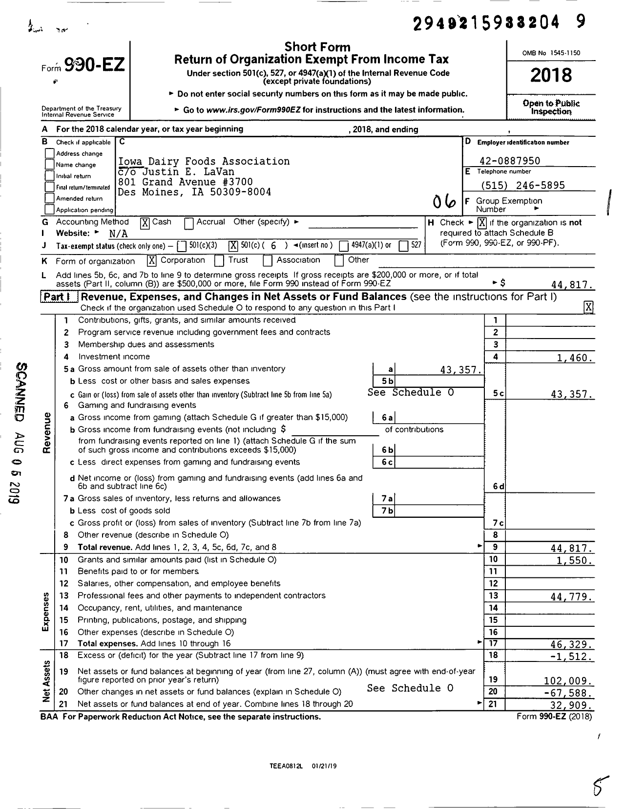 Image of first page of 2018 Form 990EO for Iowa Dairy Foods Association