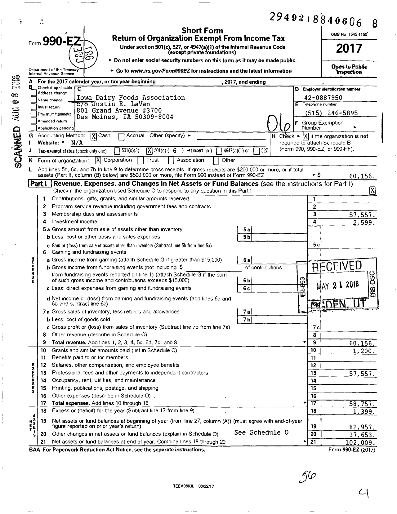 Image of first page of 2017 Form 990EO for Iowa Dairy Foods Association