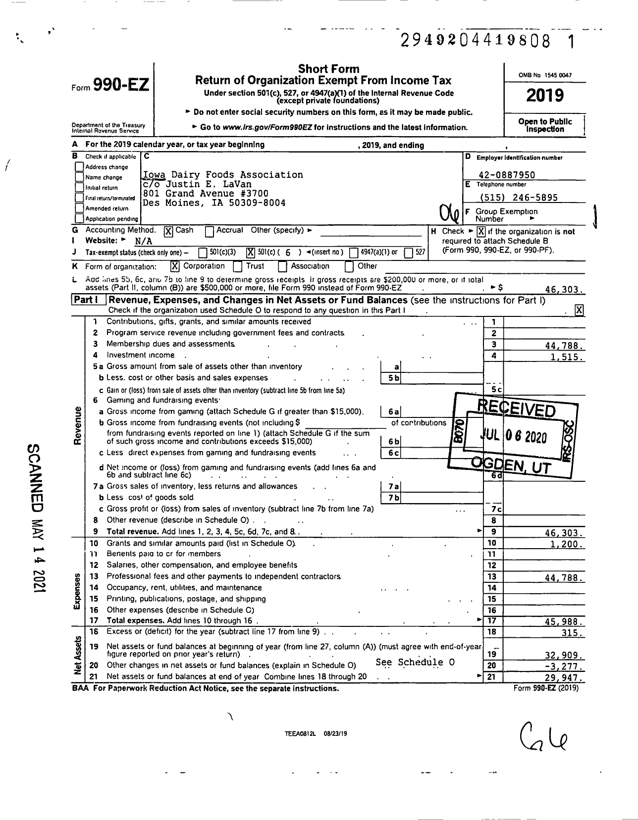 Image of first page of 2019 Form 990EO for Iowa Dairy Foods Association