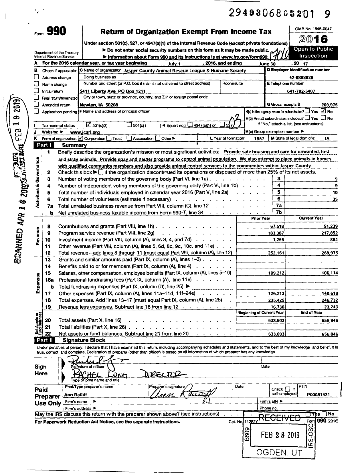 Image of first page of 2016 Form 990 for Jasper County Animal Rescue League and Humane Society