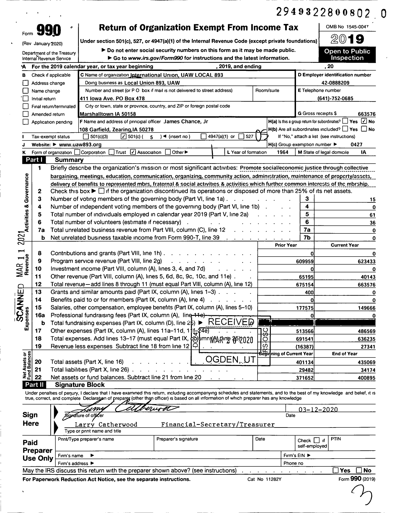 Image of first page of 2019 Form 990O for UAW - Local Union 893 UAW