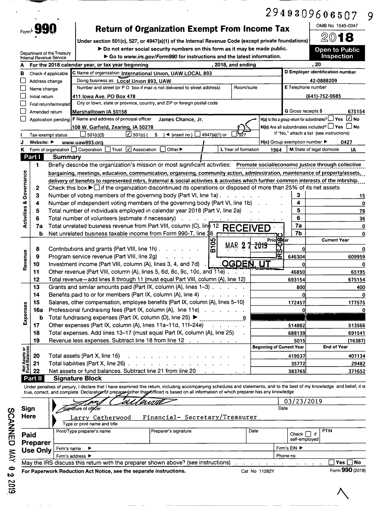 Image of first page of 2018 Form 990O for International Union UAW LOCAL 893