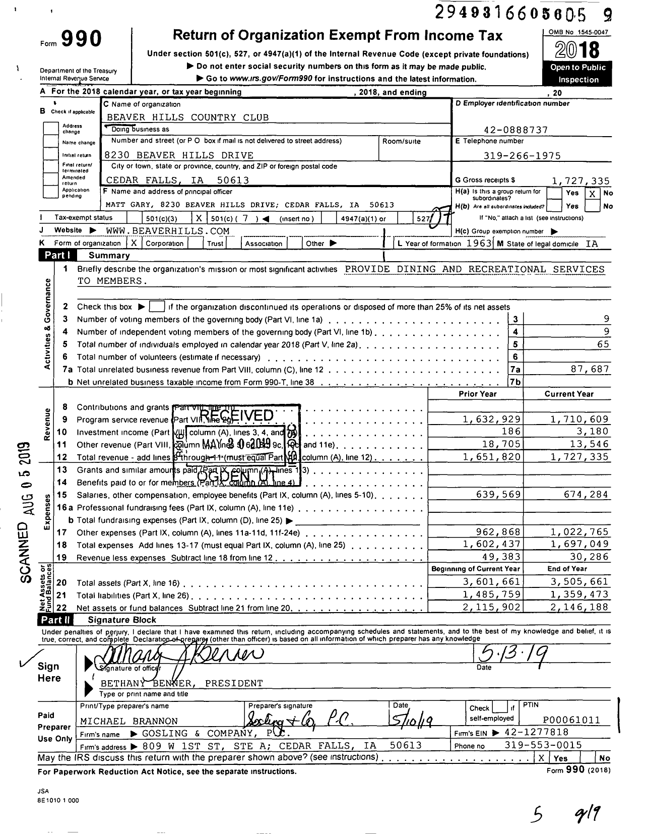 Image of first page of 2018 Form 990O for Beaver Hills Country Club