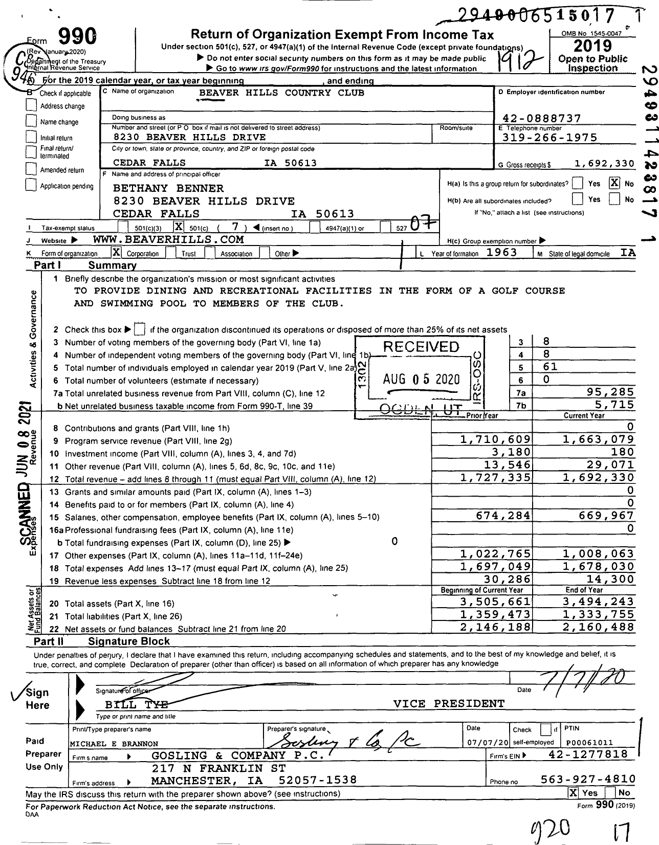 Image of first page of 2019 Form 990O for Beaver Hills Country Club