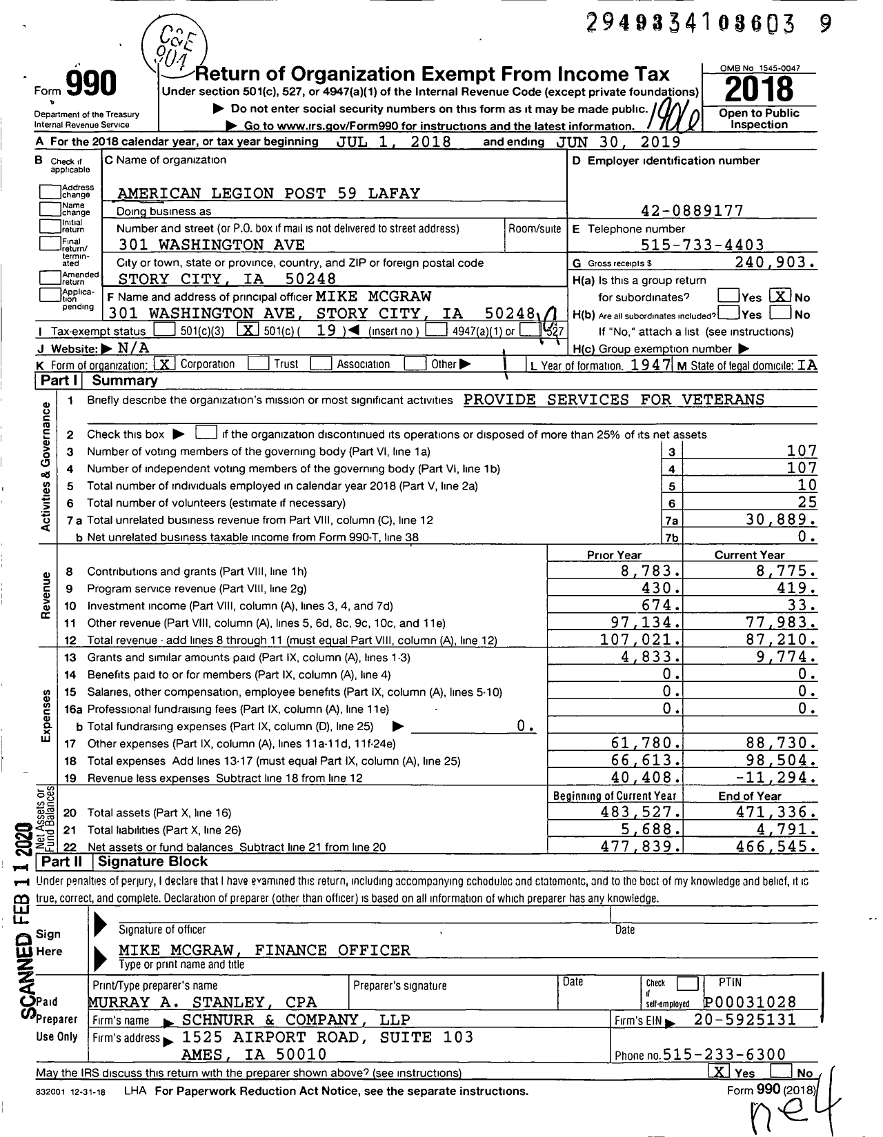 Image of first page of 2018 Form 990O for American Legion - 59 Post Lafayette