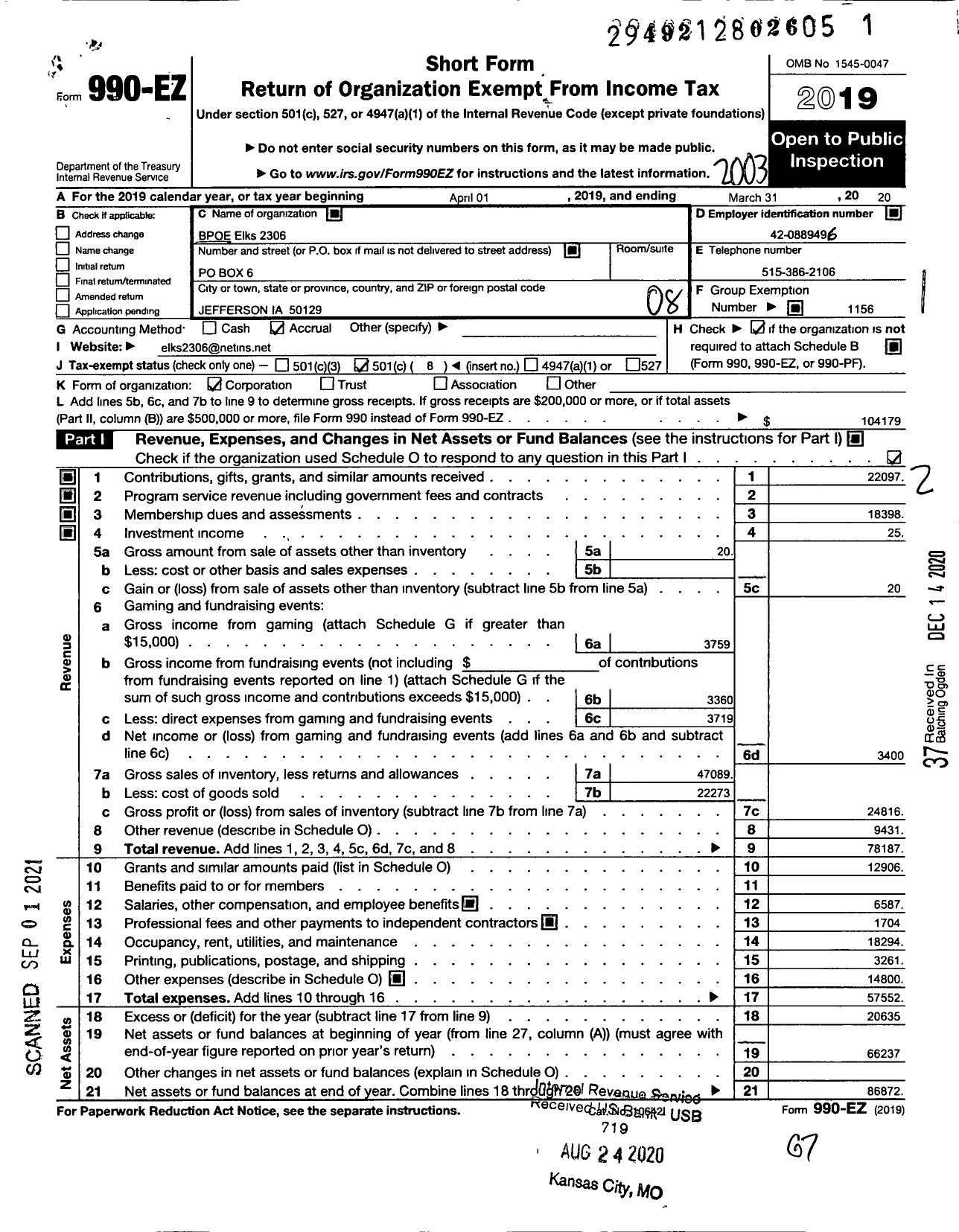 Image of first page of 2019 Form 990EO for Benevolent and Protective Order of Elks - 2306 Jefferson