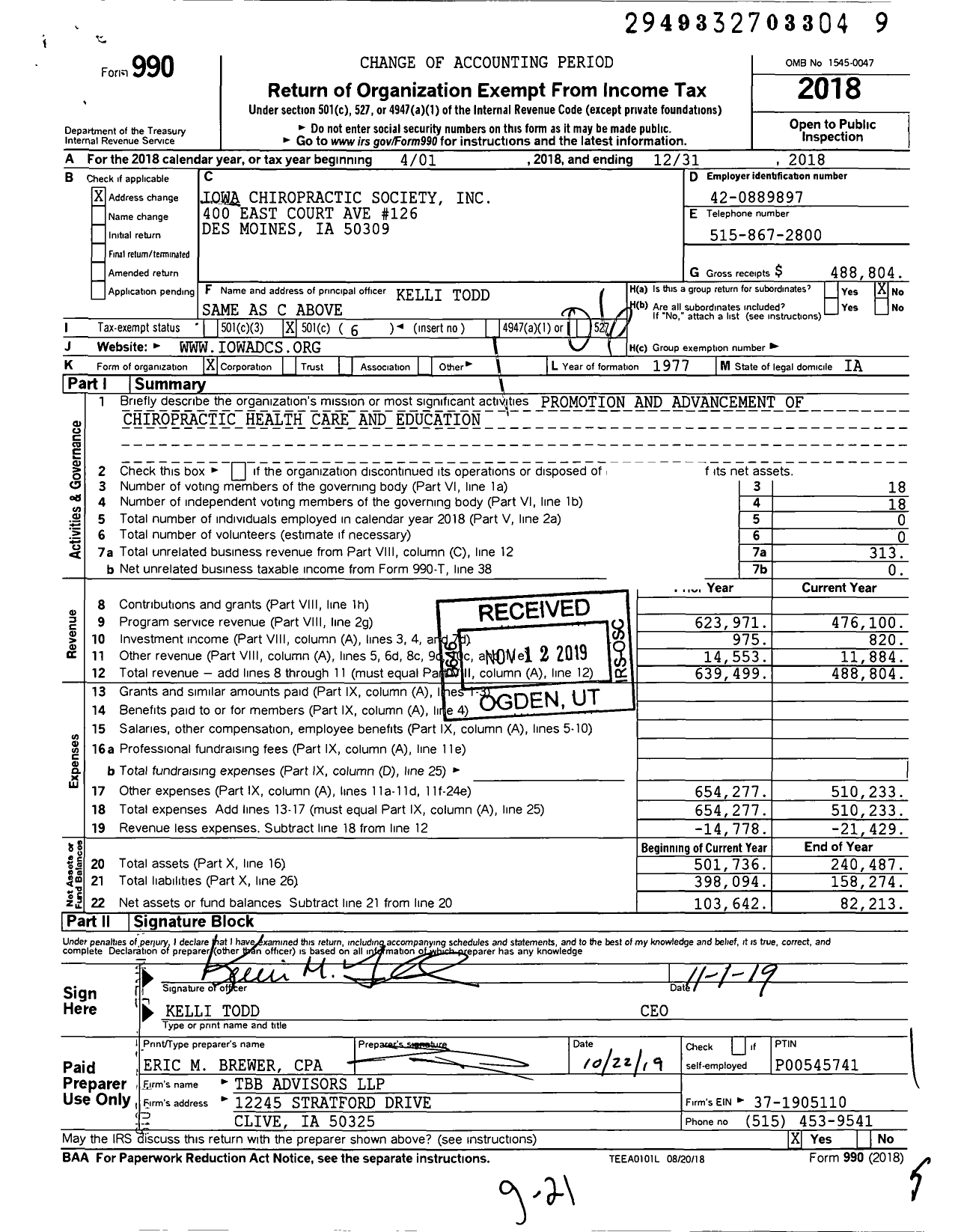 Image of first page of 2018 Form 990O for Iowa Chiropractic Society
