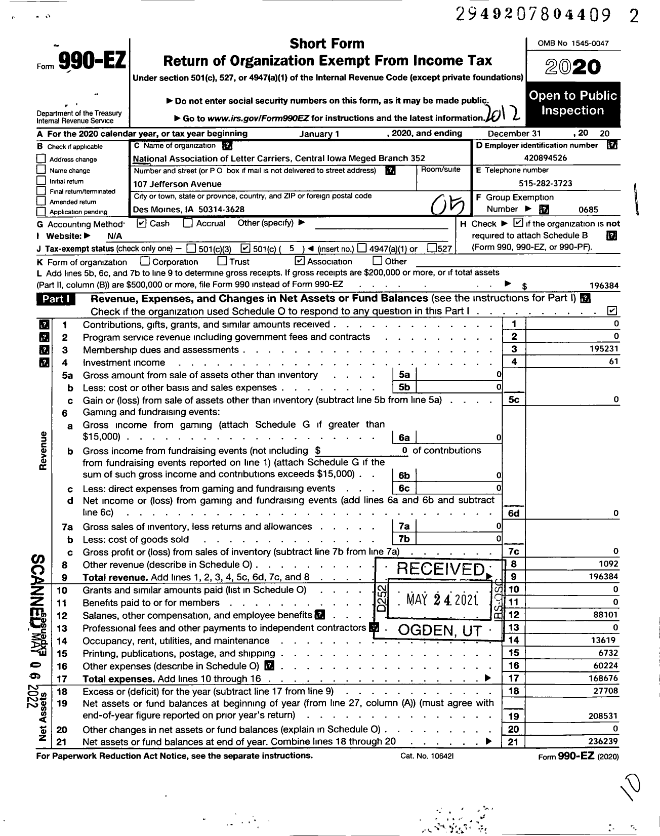 Image of first page of 2020 Form 990EO for National Association of Letter Carriers - 352 Central Iowa Merged Branch