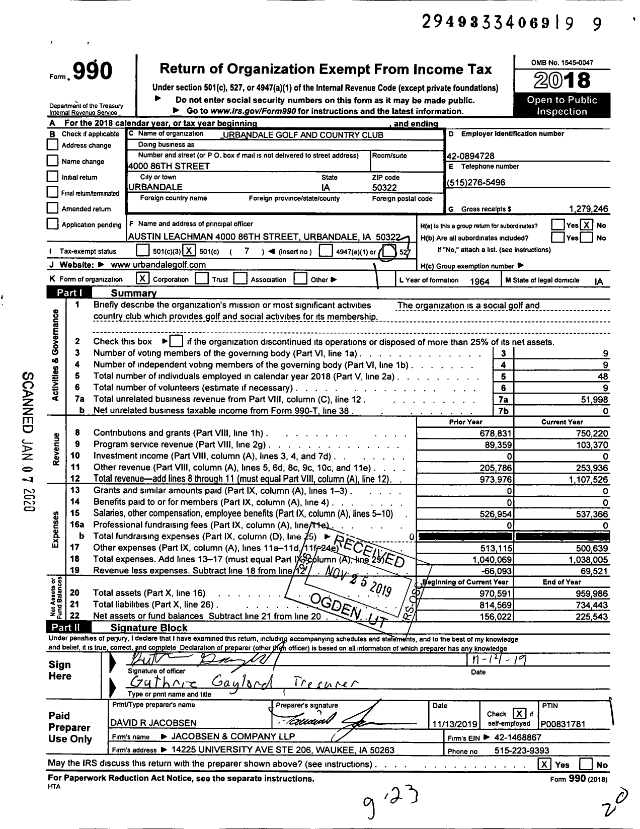 Image of first page of 2018 Form 990O for Urbandale Golf and Country Club