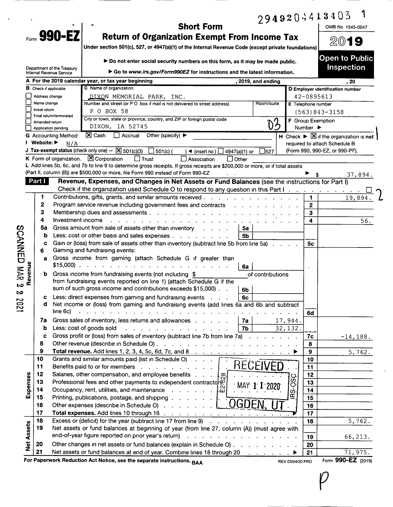 Image of first page of 2019 Form 990EZ for Dixon Memorial Park