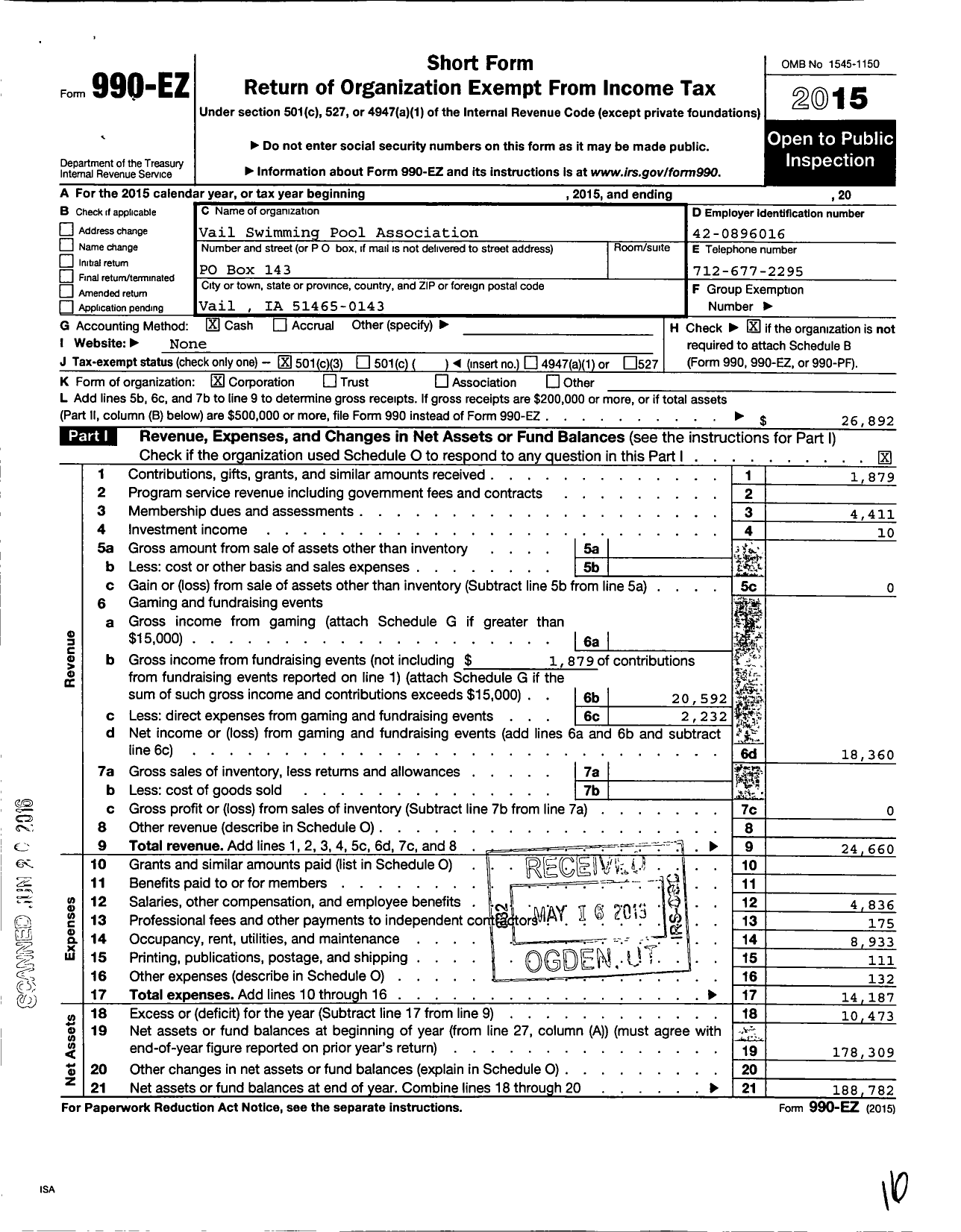 Image of first page of 2015 Form 990EZ for Vail Swimming Pool Association