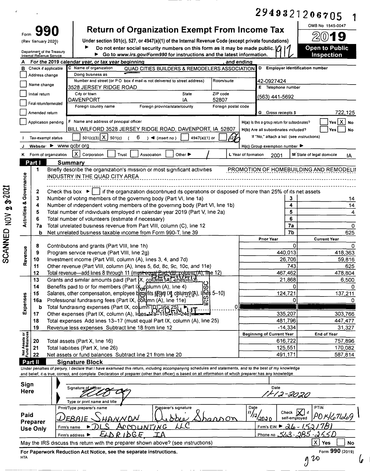 Image of first page of 2019 Form 990O for Quad Cities Builders & Remodelers Association