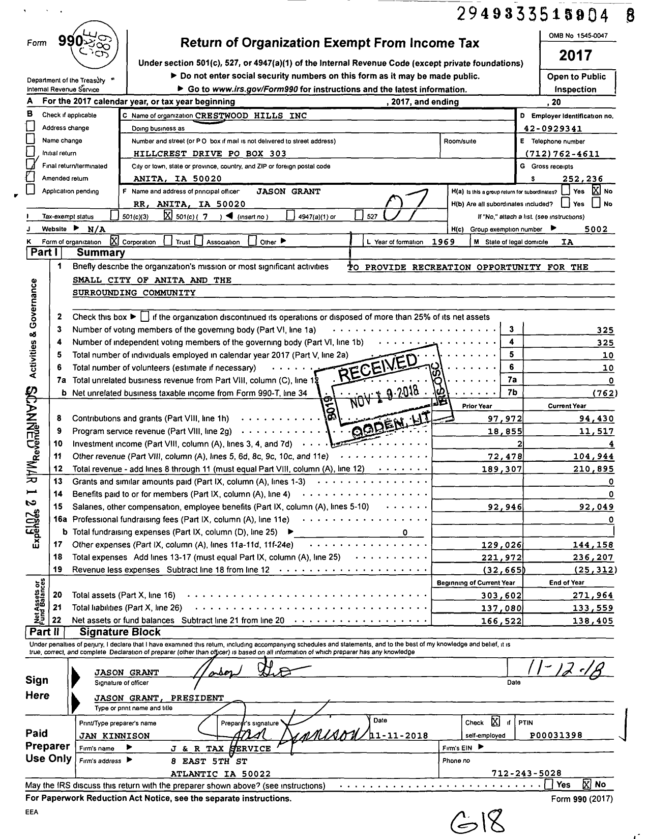 Image of first page of 2017 Form 990O for Crestwood Hills