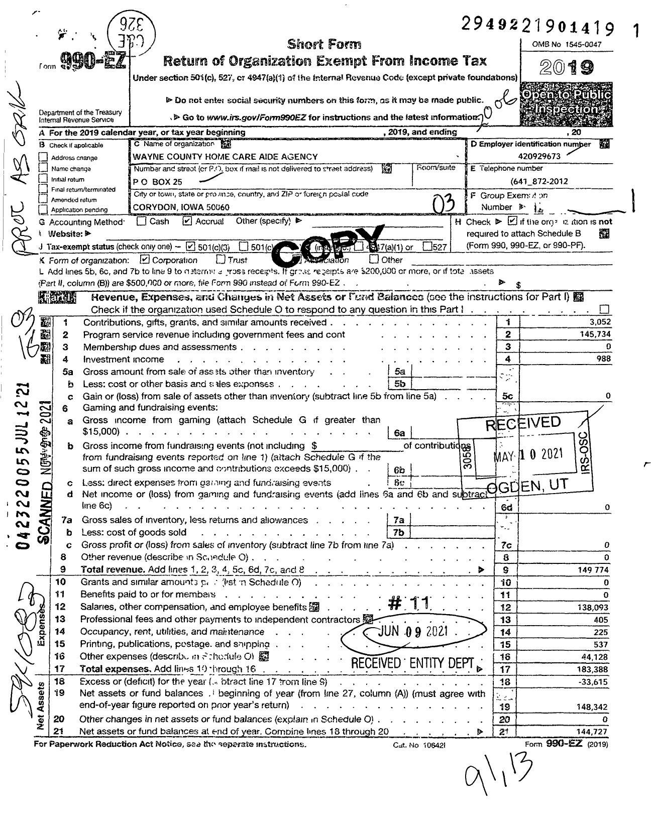 Image of first page of 2019 Form 990EZ for Wayne County Home Care Aide Agency