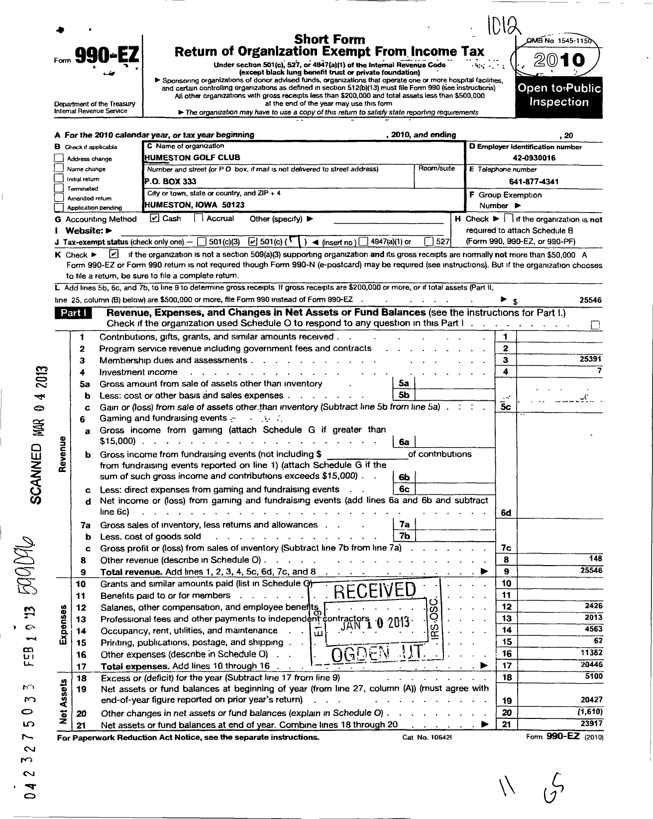 Image of first page of 2010 Form 990EO for Humeston Golf Club