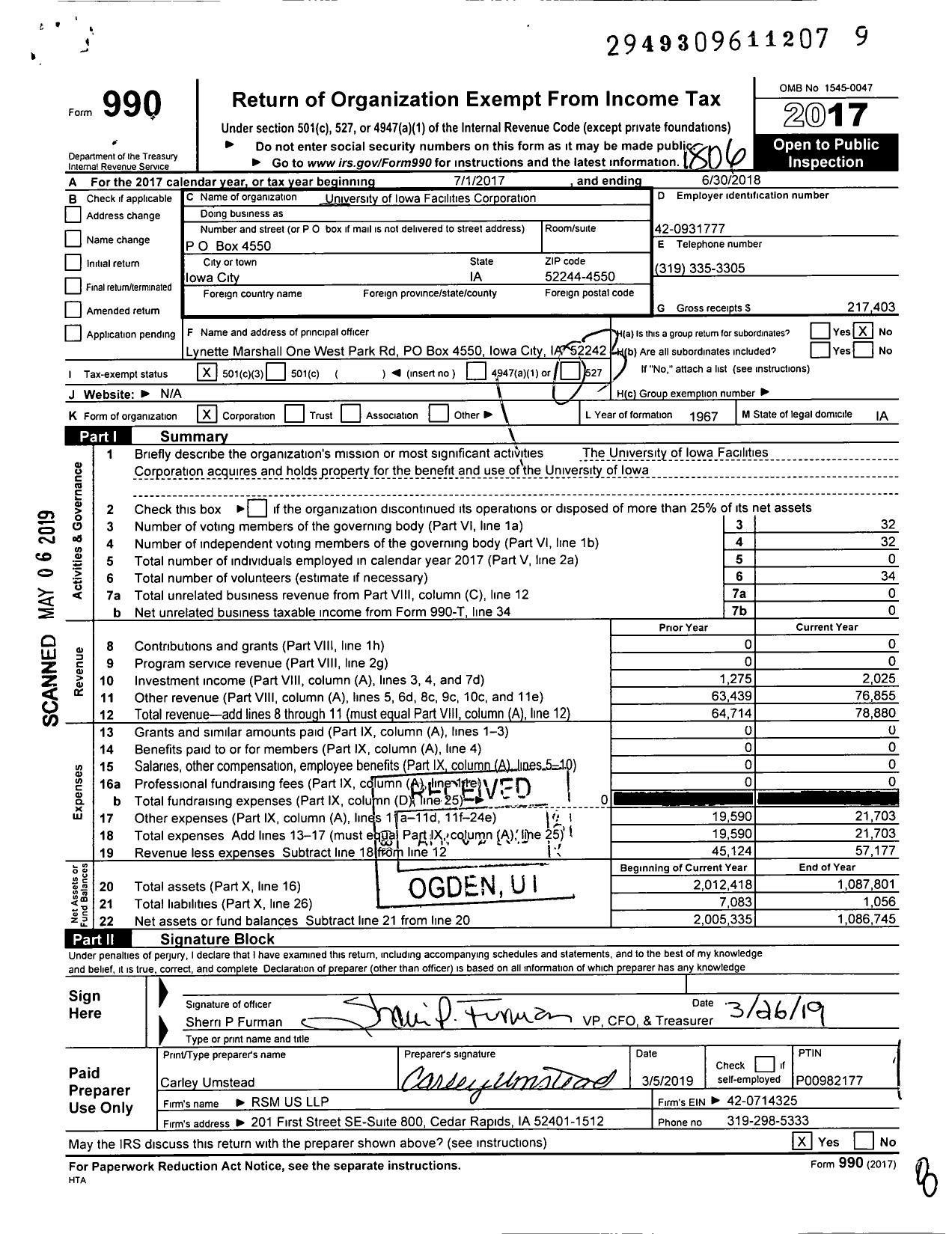 Image of first page of 2017 Form 990 for University of Iowa Facilities Corporation