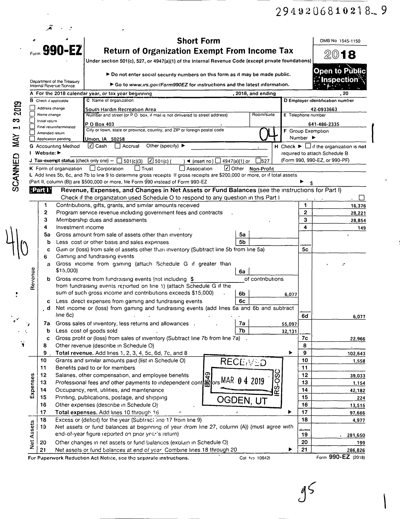 Image of first page of 2018 Form 990EO for South Hardin Recreation Area