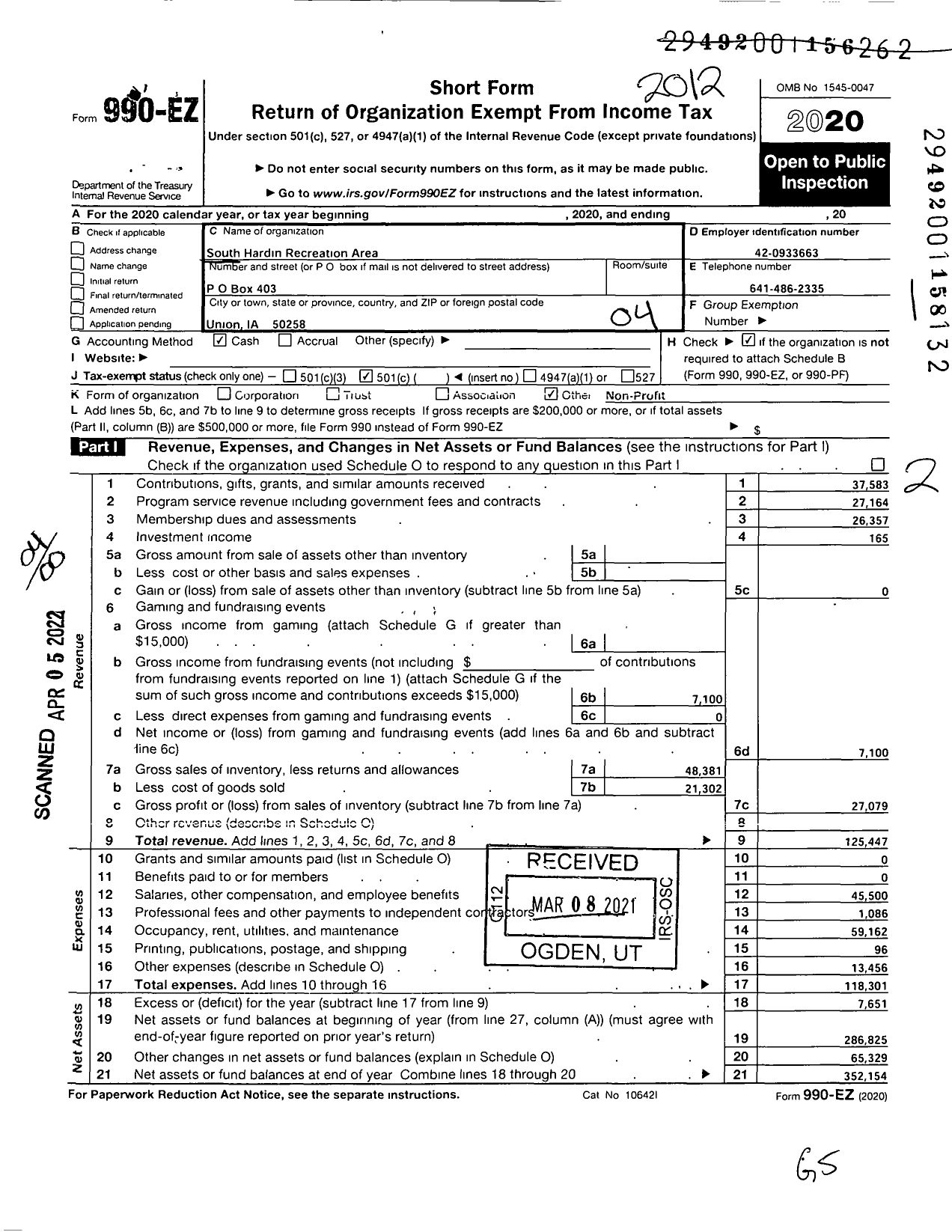 Image of first page of 2020 Form 990EO for South Hardin Recreation Area