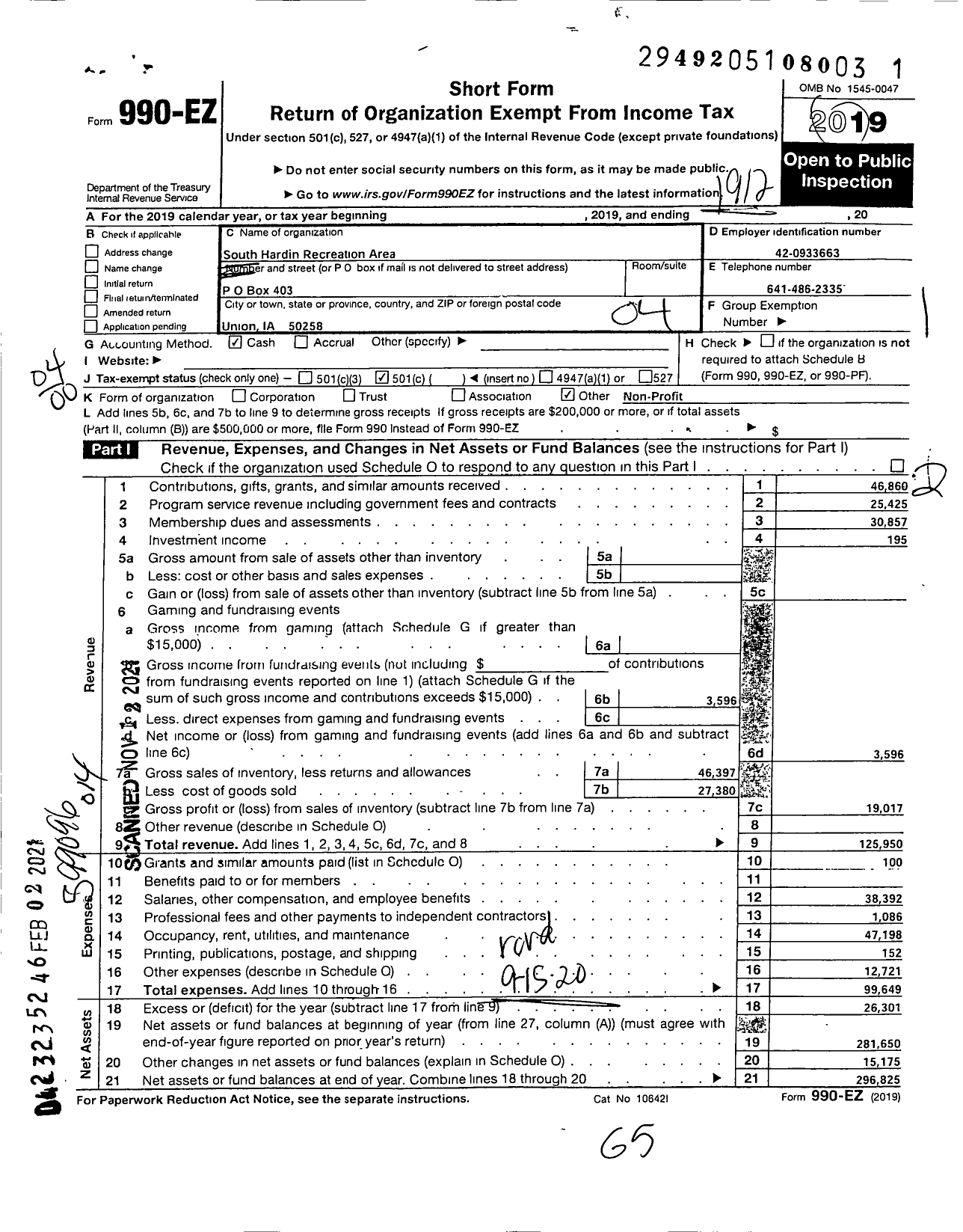 Image of first page of 2019 Form 990EO for South Hardin Recreation Area