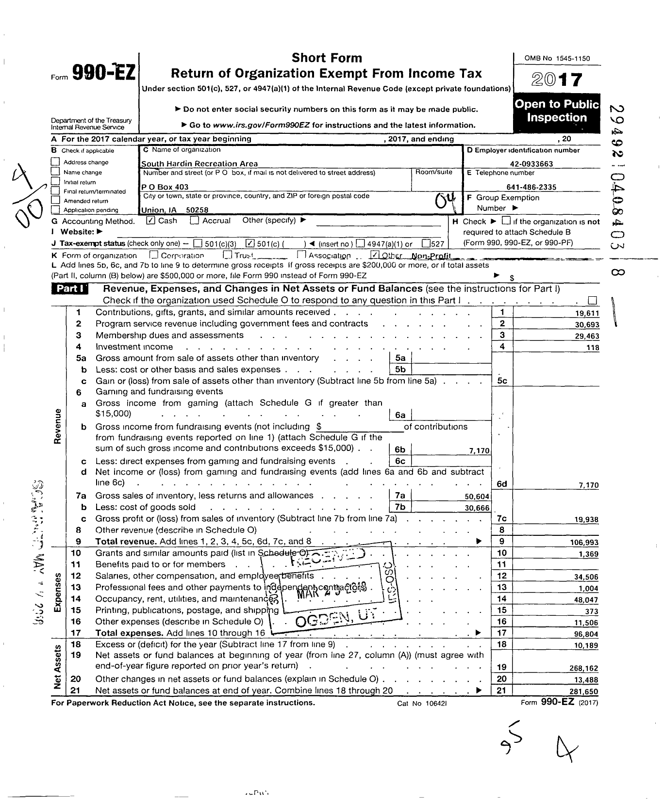 Image of first page of 2017 Form 990EO for South Hardin Recreation Area