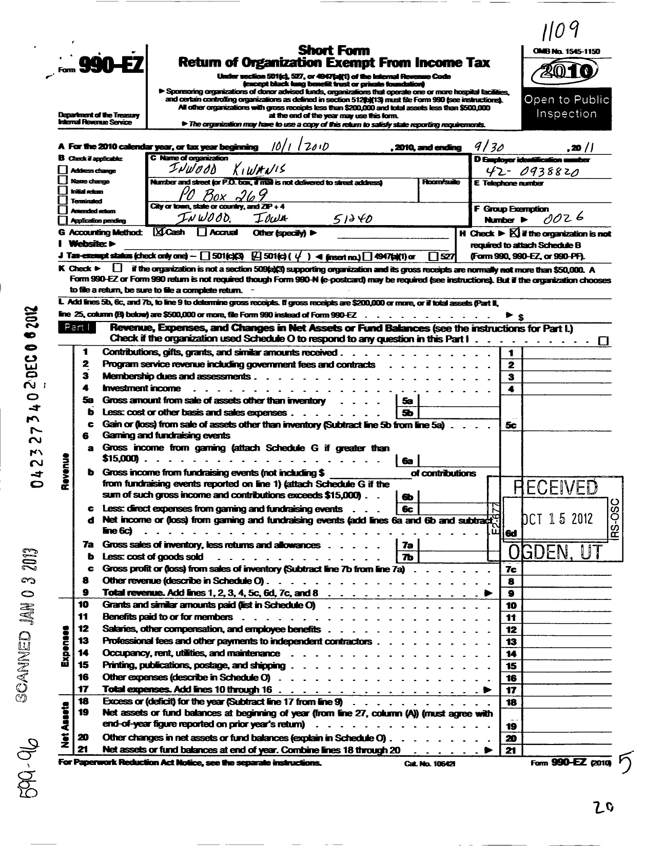 Image of first page of 2010 Form 990EO for Kiwanis International - K04784 Inwood