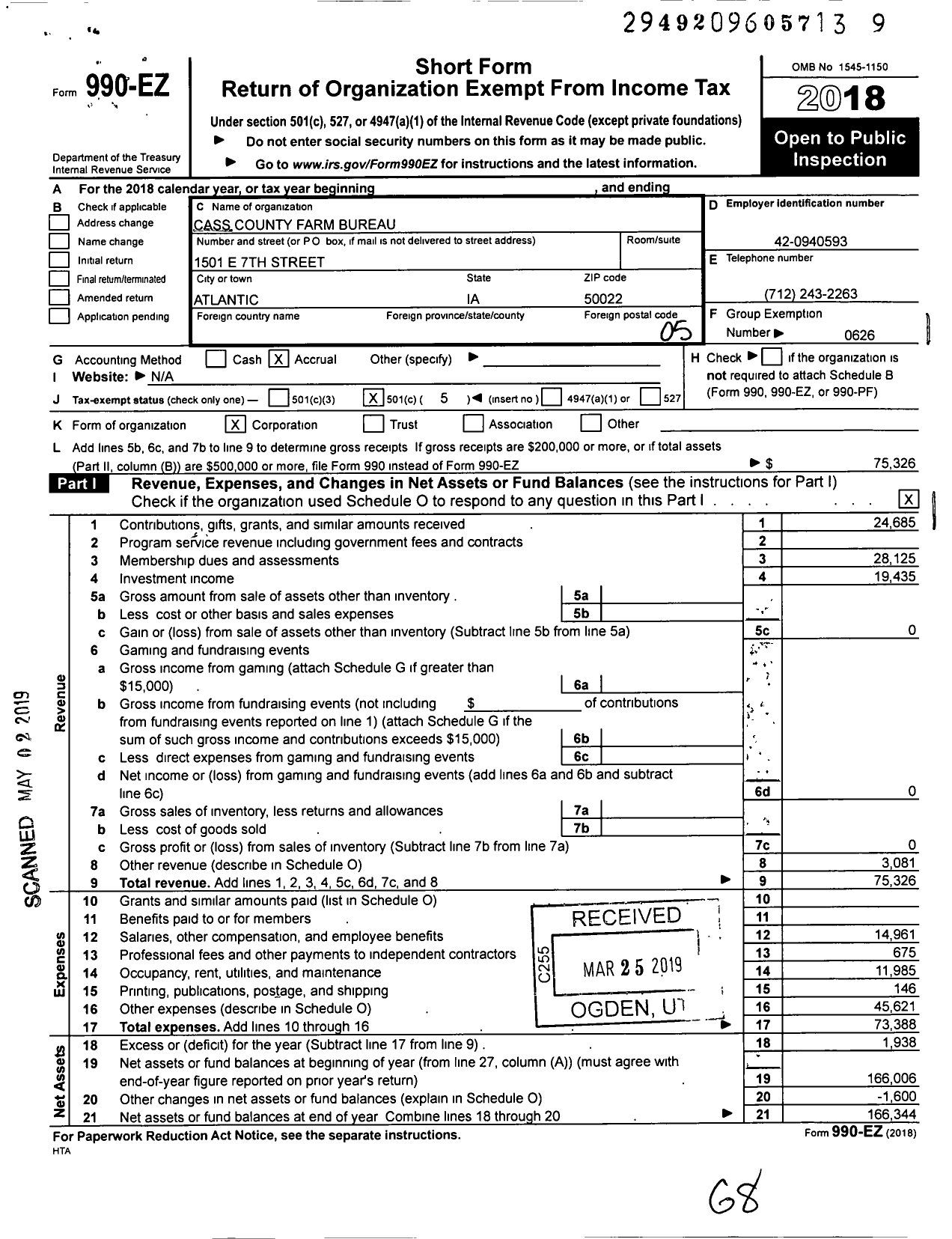 Image of first page of 2018 Form 990EO for Iowa Farm Bureau Federation - Cass County Farm Bureau