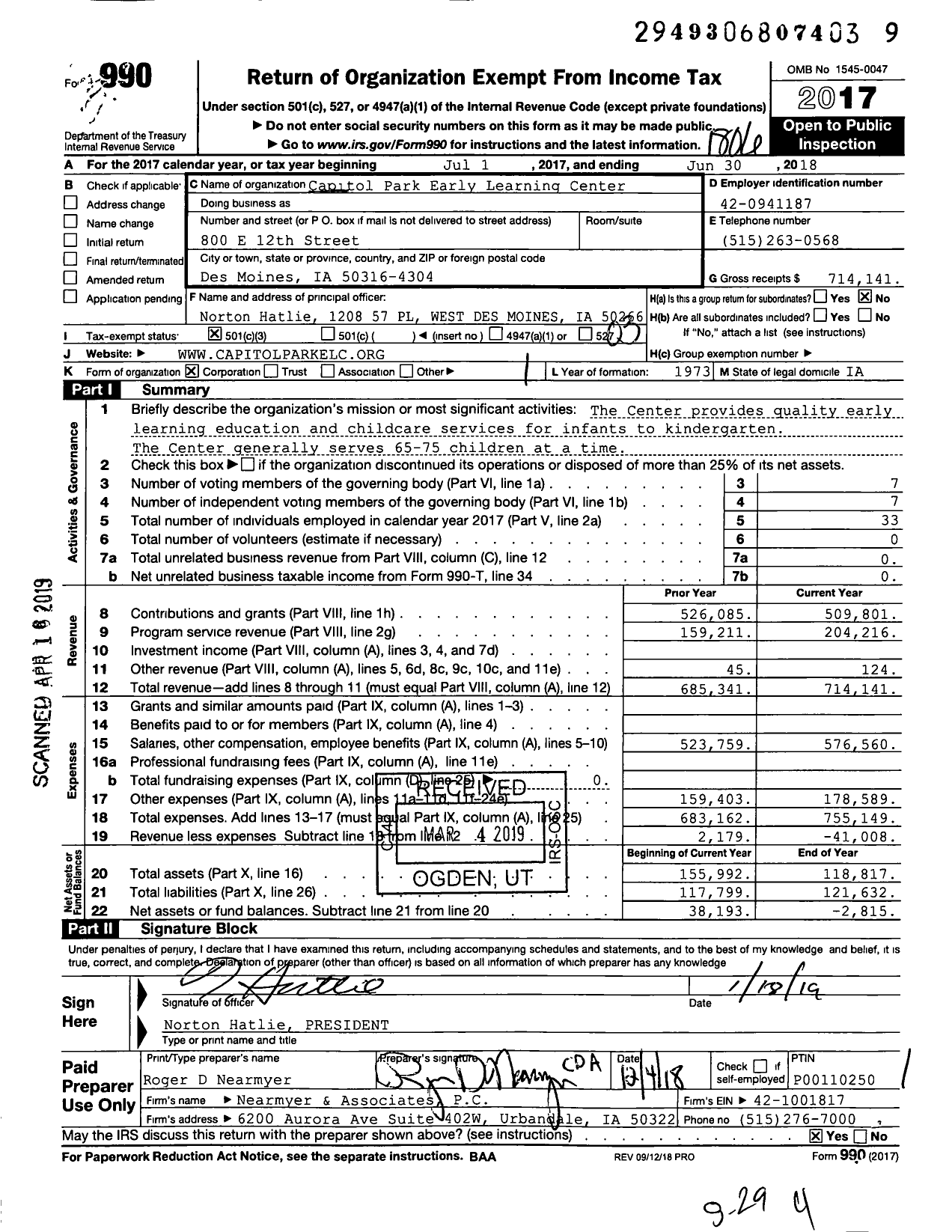 Image of first page of 2017 Form 990 for Capitol Park Early Learning Center