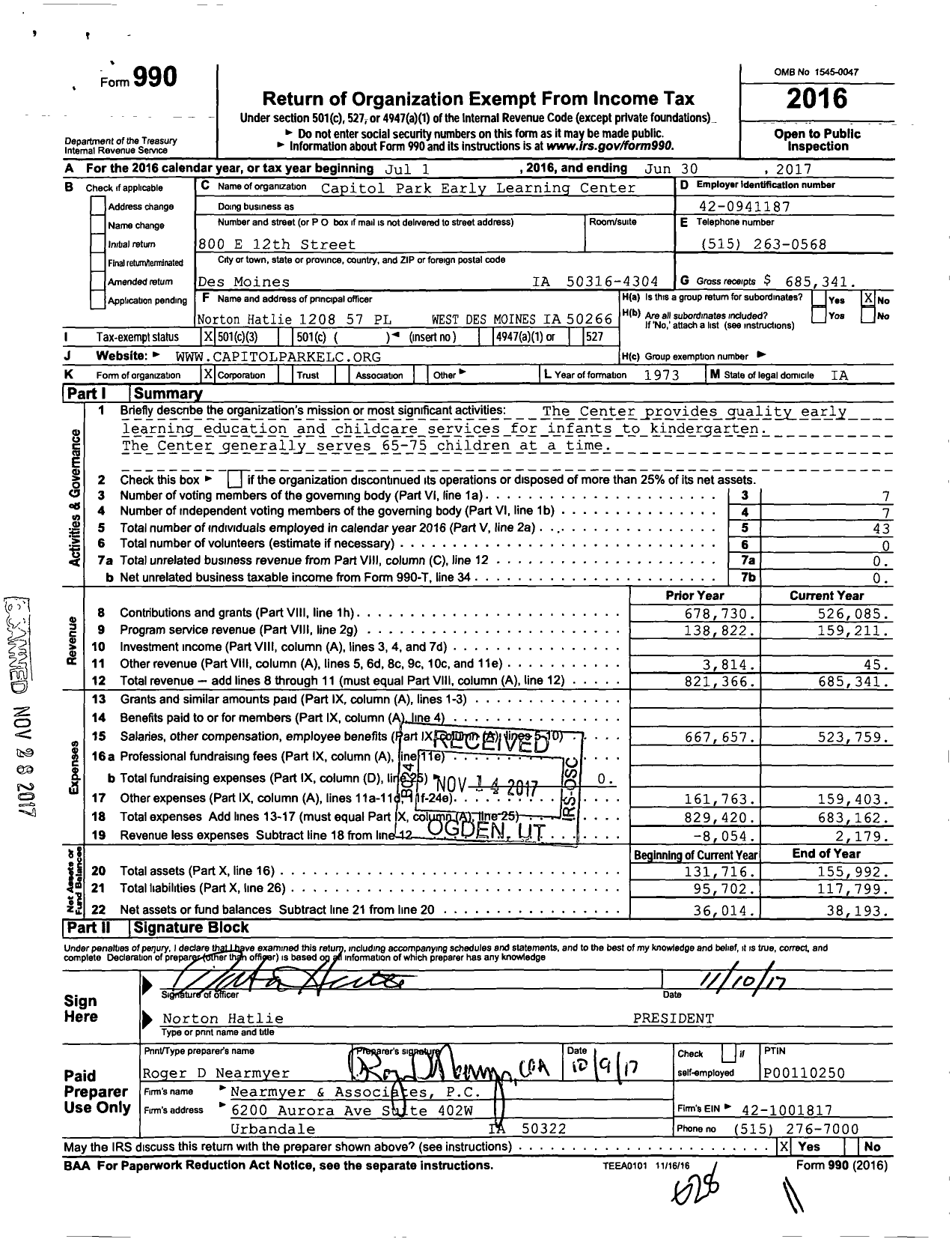 Image of first page of 2016 Form 990 for Capitol Park Early Learning Center