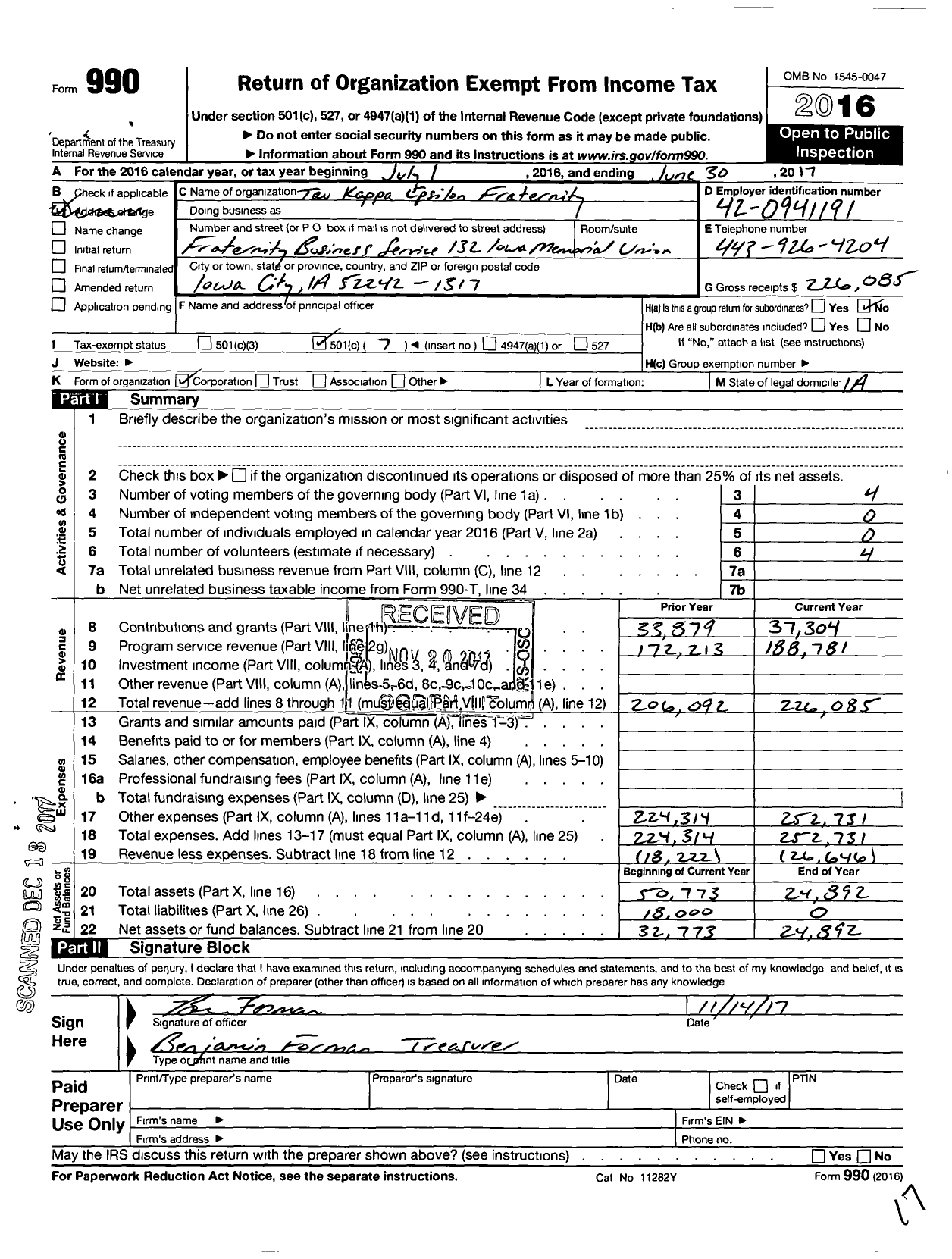 Image of first page of 2016 Form 990O for Tau Kappa Epsilon Fraternity - 347 Lambda Eta Chapter