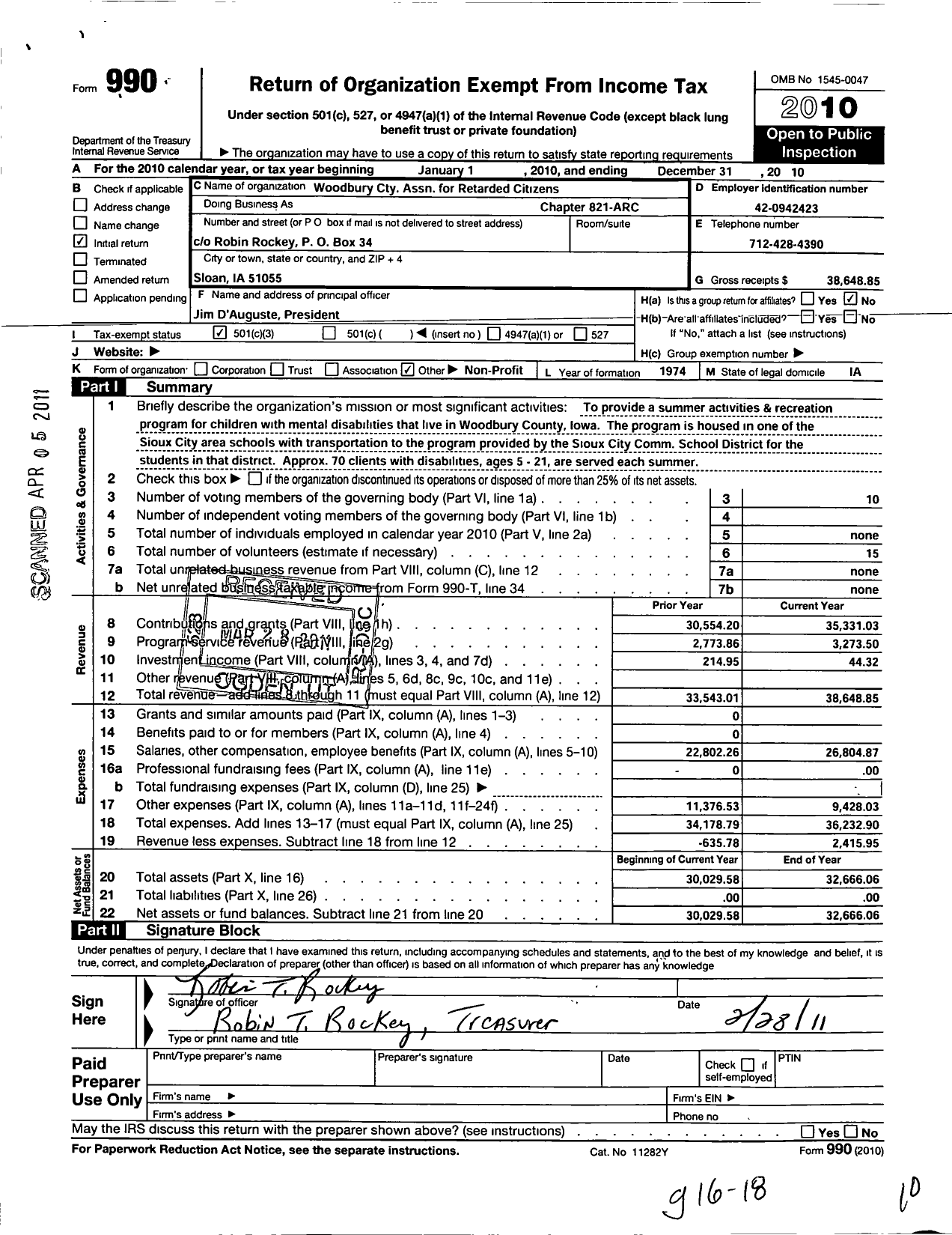 Image of first page of 2010 Form 990 for Arc of Iowa - 0821 Woodbury County