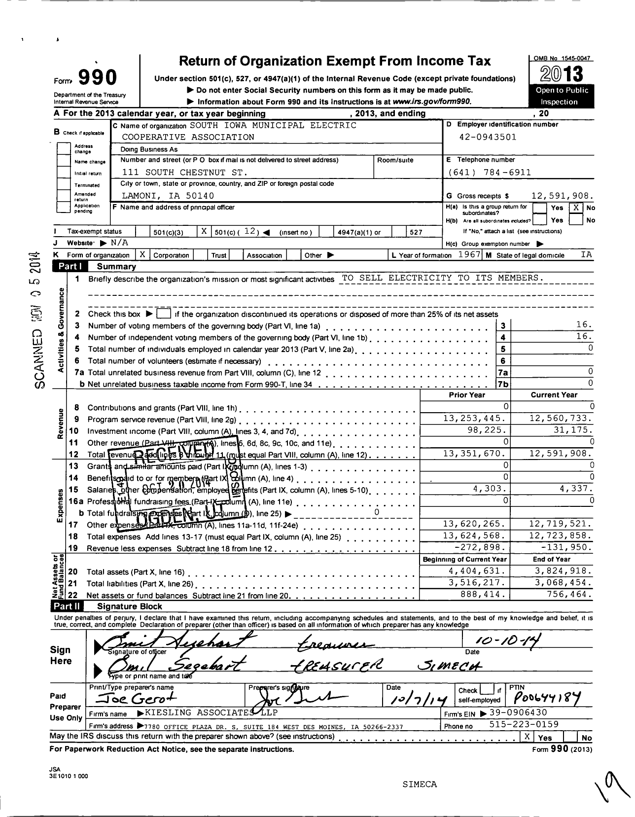 Image of first page of 2013 Form 990O for South Iowa Municipal Electric Cooperative Association (SIMECA)
