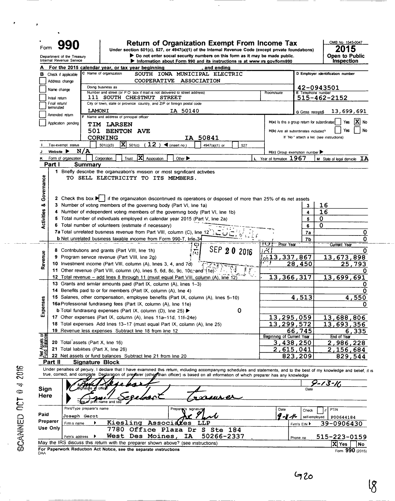 Image of first page of 2015 Form 990O for South Iowa Municipal Electric Cooperative Association (SIMECA)